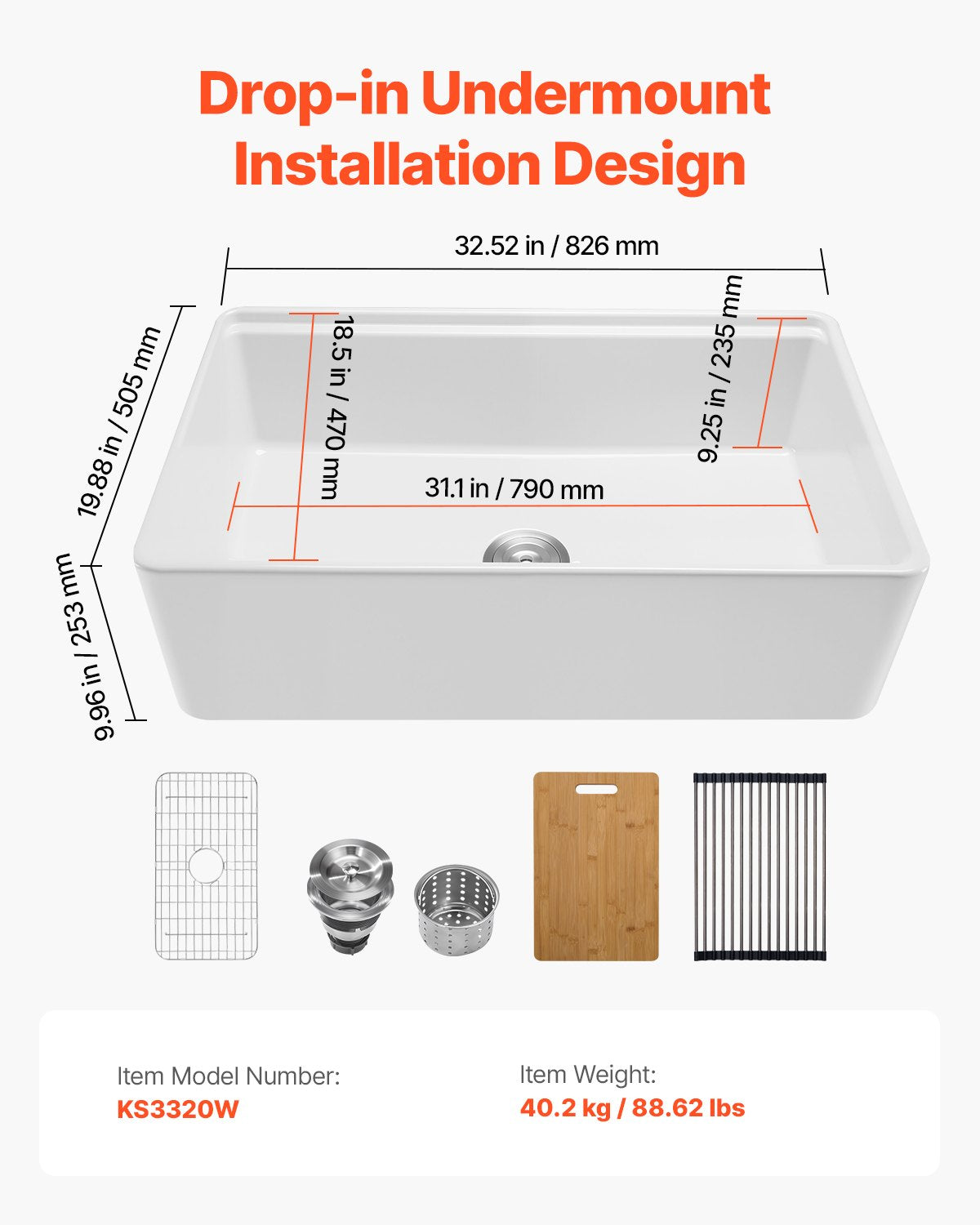 32.5x20 inch Farmhouse Sink, White Sink Workstation, Fireclay Undermount Basins, Apron Front Single Bowl Basin with Multiple Accessories, Large Capacity Household Dishwasher Sinks for Kitchen