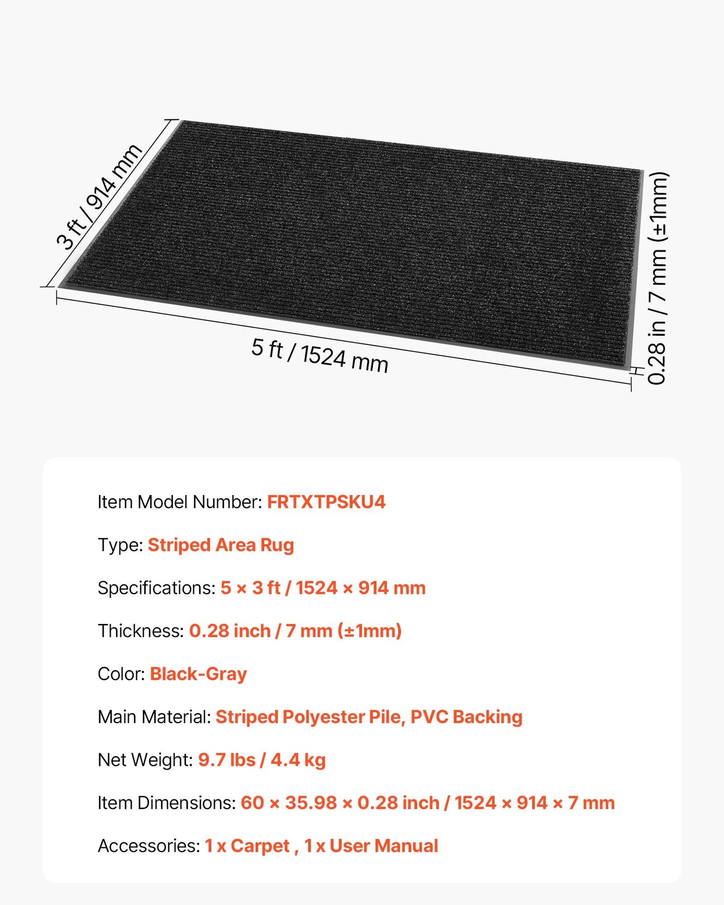 Front Door Mat, 5 x 3 ft Commercial Floor Mat for Indoor and Outdoor, Stylish Striped Industrial Carpet with PVC Backing, Heavy Duty Washable Entry Rug for Hallway, Balcony, Garage, Grey