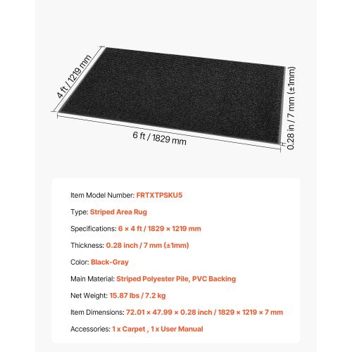 ytterdörrsmatta, 1829 x 1219 mm kommersiell golvmatta för inomhus och utomhus, snygg randig industriell matta med PVC-baksida, kraftig tvättbar entrématta för hall, balkong, garage, grå | EU