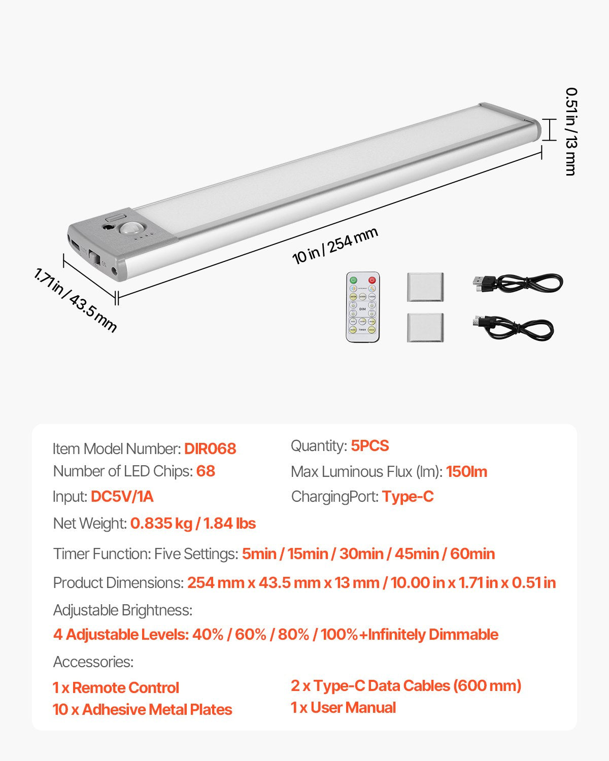 Under Cabinet Lighting, 5 PCS, 68 LED Motion Sensor Lights, Rechargeable Battery Operated Closet Lights with Remote Control, Wireless Under Counter Light for Cabinets, Bookshelf, Stair, Hallway