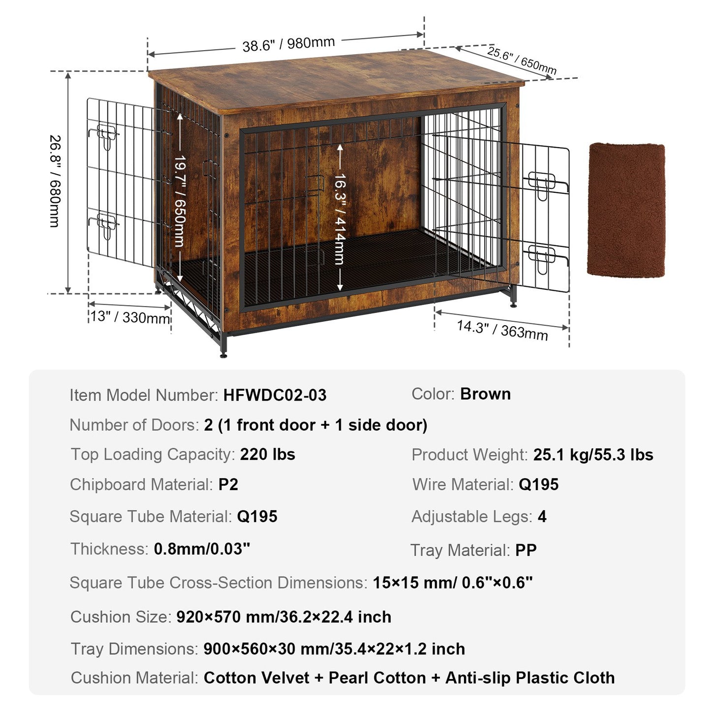 Dog Crate Furniture, 38.6 inch Wooden Dog Crate with Double Doors, Heavy-Duty Dog Cage End Table with Multi-Purpose Removable Tray, Modern Dog Kennel Indoor for Dogs up to 70lb, Rustic Brown