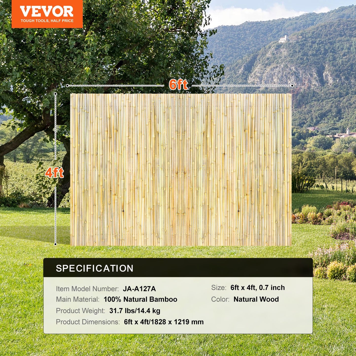 Natural Rolled Bamboo Fence, Eco-Friendly Bamboo Privacy Fence 4 ft H x 6 ft L x 0.75 in D. , Decorative Bamboo Privacy Screen for Garden, Backyard, Balcony, Patio, Pool Side