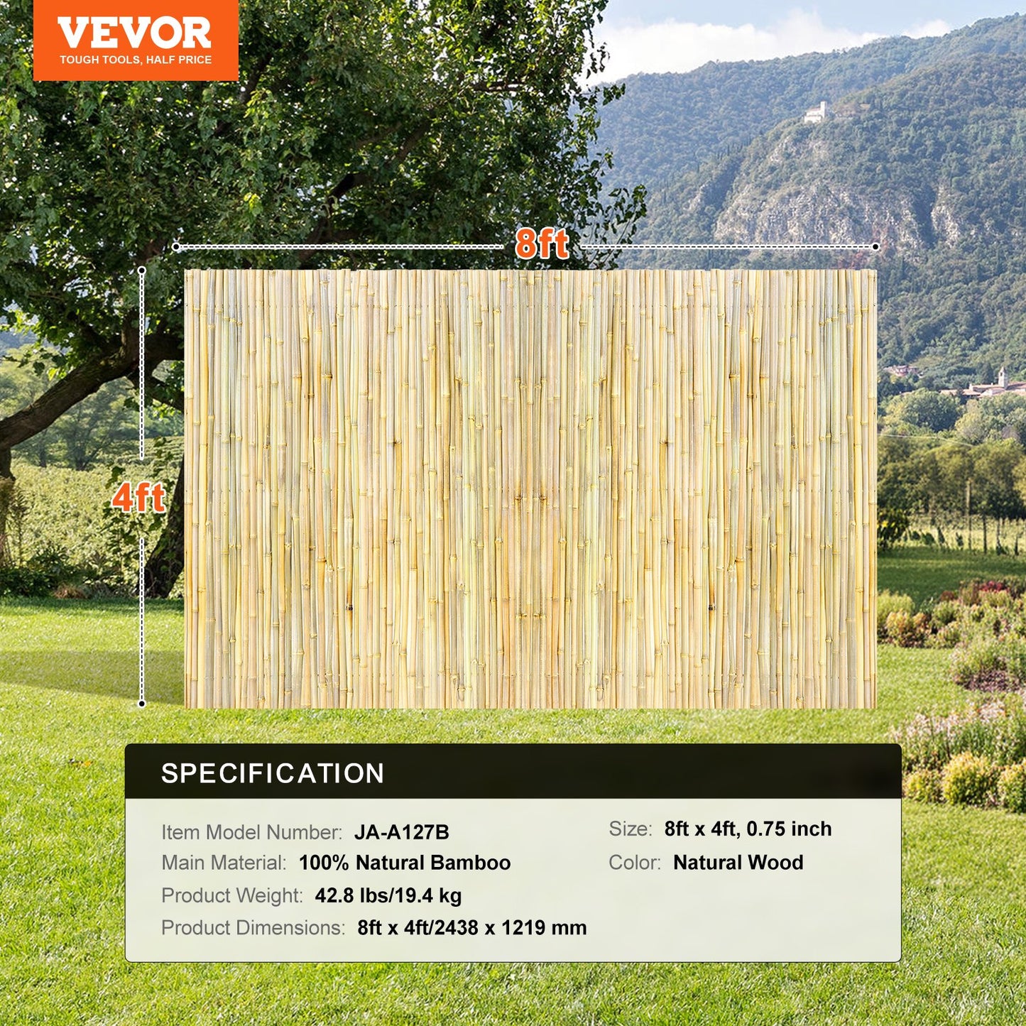 Natural Rolled Bamboo Fence, Eco-Friendly Bamboo Privacy Fence 4 ft H x 8 ft L x 0.75 in D. , Decorative Bamboo Privacy Screen for Garden, Backyard, Balcony, Patio, Pool Side