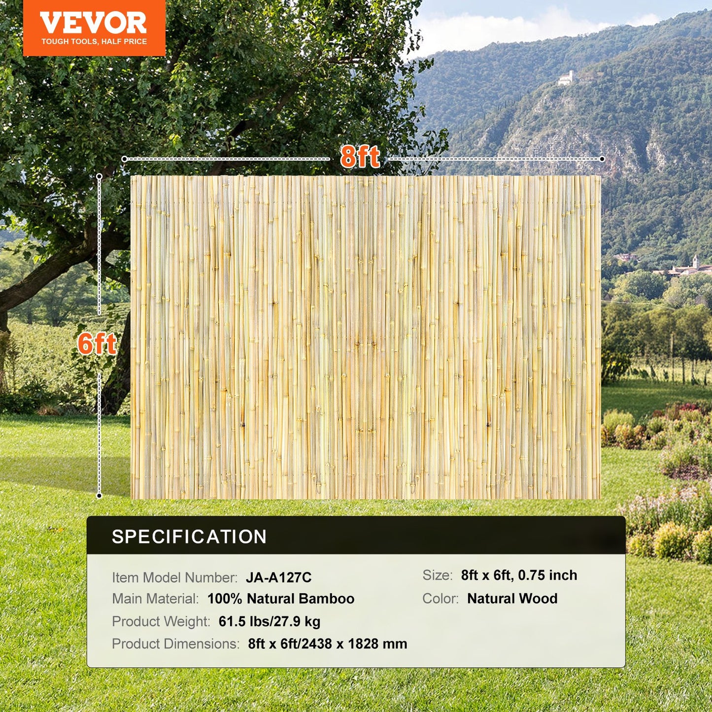 Natural Rolled Bamboo Fence, Eco-Friendly Bamboo Privacy Fence 6 ft H x 8 ft L x 0.75 in D. , Decorative Bamboo Privacy Screen for Garden, Backyard, Balcony, Patio, Pool Side
