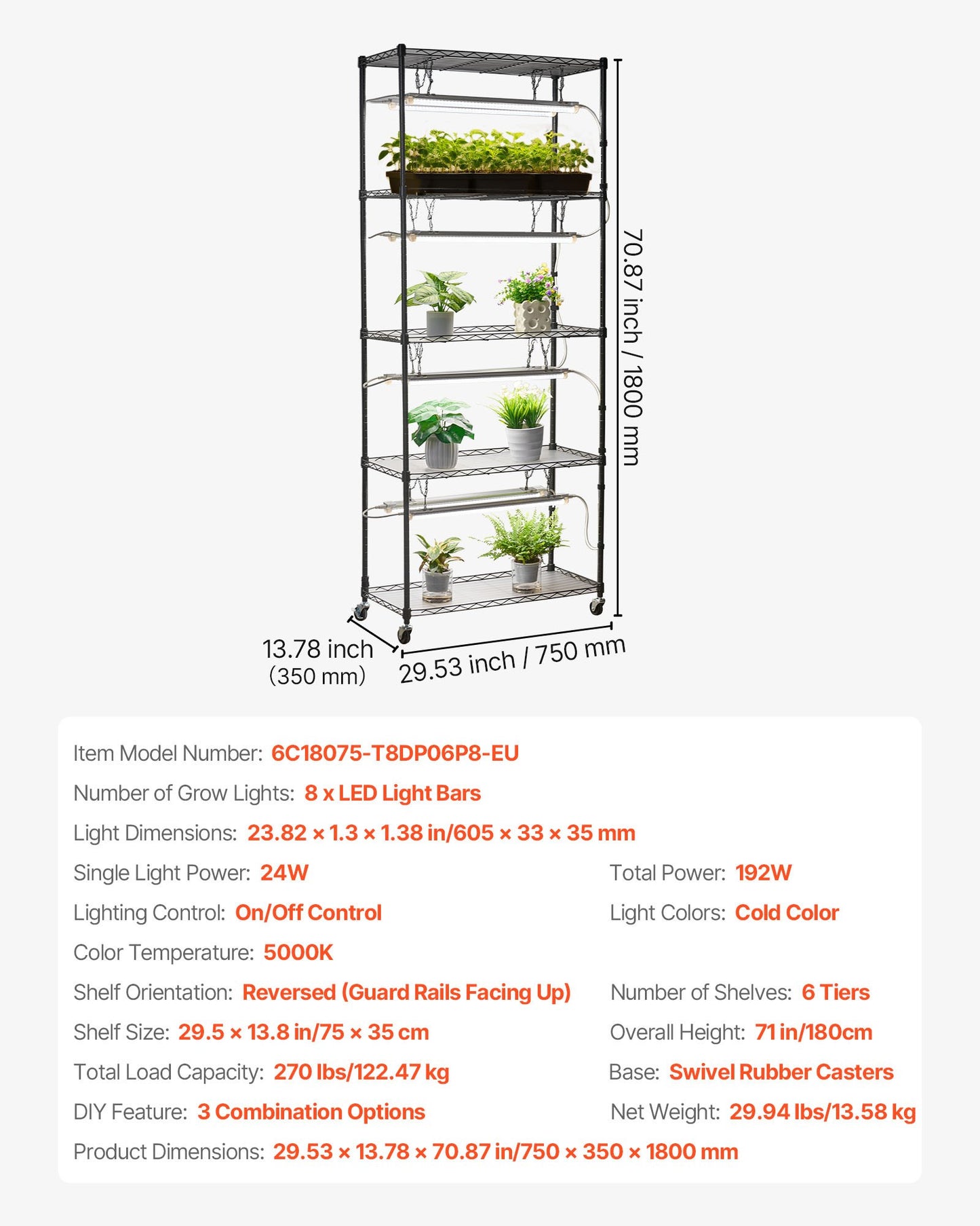 DIY Plant Shelf with Grow Lights, 71 in Tall Indoor Plant Stand with Wheels, 192W 5000K Full Spectrum Grow Lights, Heavy Duty Metal Plants Display Rack, Flower Pot Holder for Seed Starting