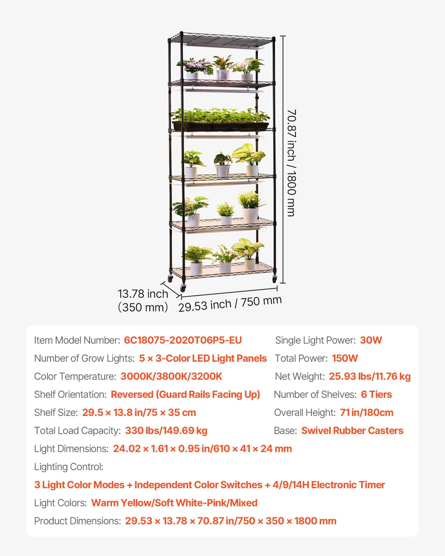 Plant Shelf with Grow Light, 6-Tier Indoor Plant Stand, 71in Tall Plants Display Rack with Wheels & 4/9/14H Timer, 150W 3-Color Full Spectrum Grow Lights, Flower Pot Holder for Seed Starting