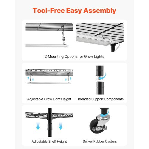 Växthylla med odlingslampa, 6-vånings inomhusväxtställ, 180 cm högt växtställ med hjul och 4/9/14 timmars timer, 150W 3-färgs fullspektrum odlingslampor, blomkruka för fröstart | EU