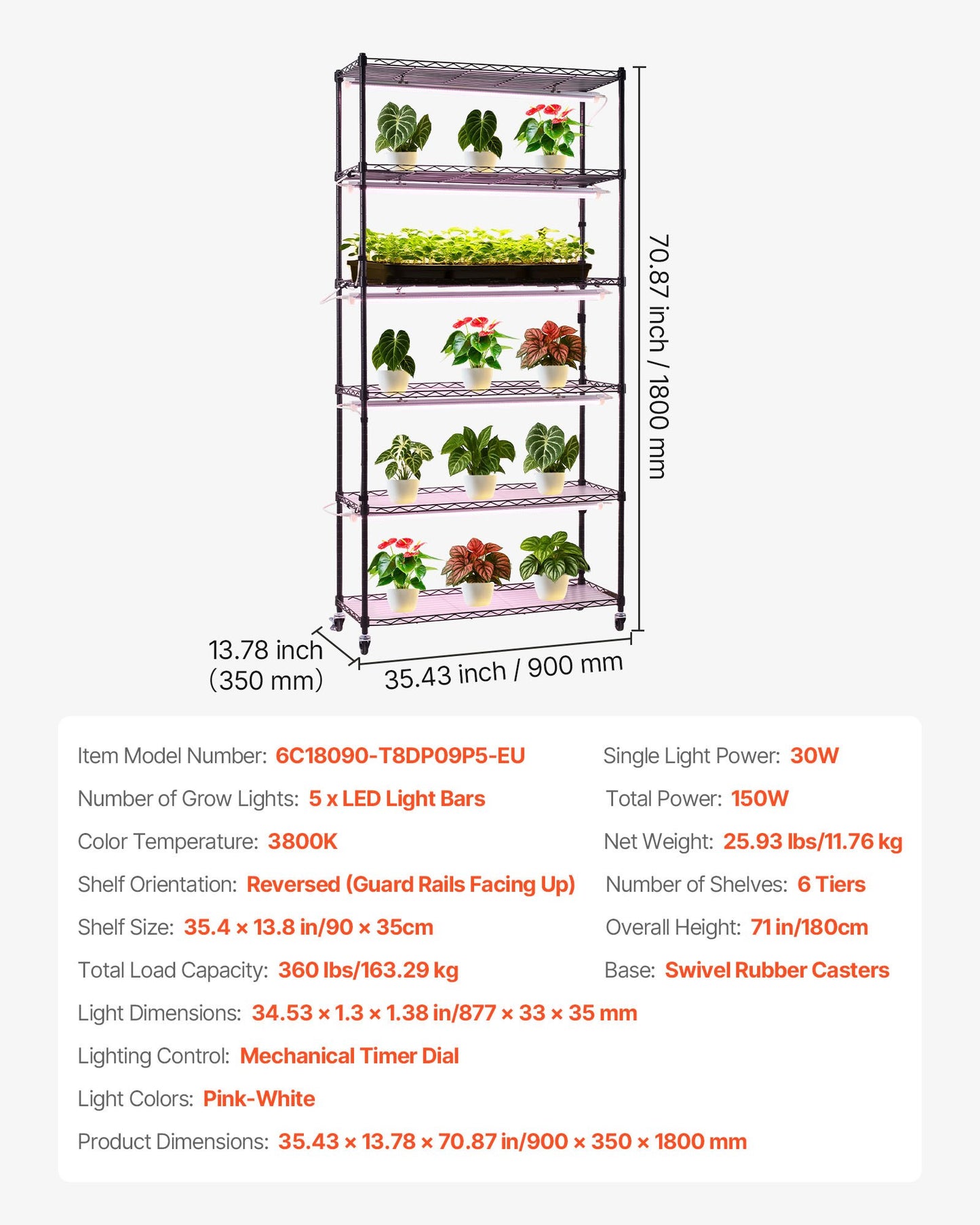 Plant Shelf with Grow Light, 6-Tier Indoor Plant Stand, 71in Tall Indoor Plants Display Rack with Wheels & Timer, 150W 3800K Full Spectrum Grow Lights, Metal Flower Pot Holder for Seed Starting