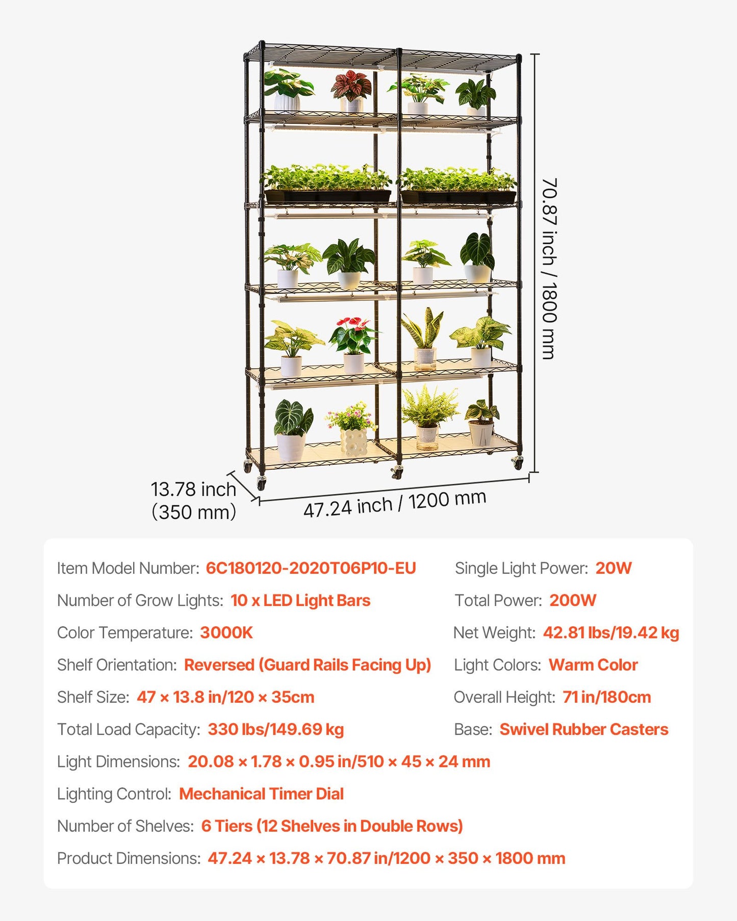 Plant Shelf with Grow Light, 6-Tier Double-Row Plant Stand, 71in Tall Indoor Plants Display Rack with Wheels & Timer, 200W Full Spectrum Grow Lights, Metal Flower Pot Holder for Seed Starting