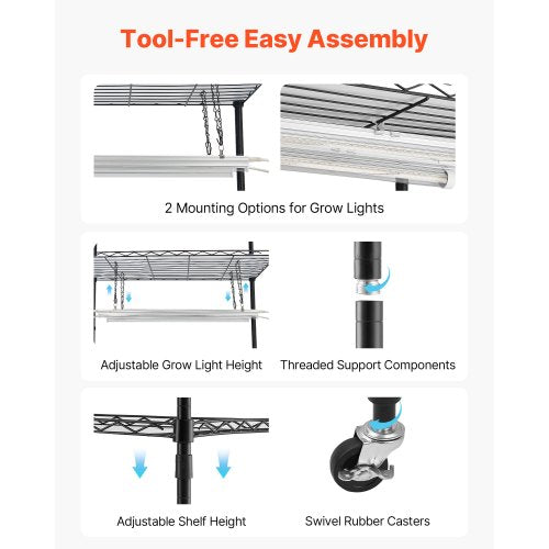 inomhusväxthus med odlingslampa, 150 cm högt växtställ med 4 nivåer, genomskinligt lock, timer och hygrometer, 180 W fullspektrum odlingslampor, metallbelyst växthylla för inomhusväxter | EU