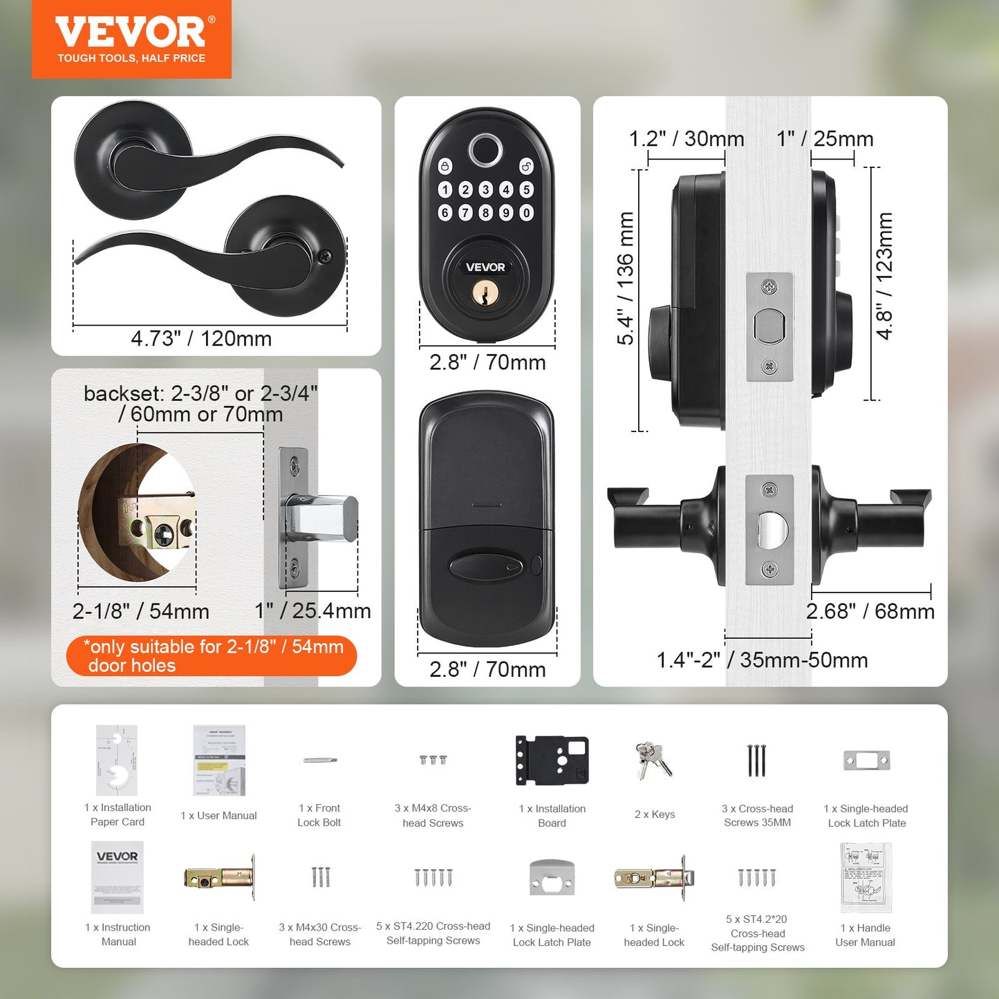 Fingerprint Door Lock with Level Handles, Fingerprint/Keypad Code/Key, One-Time and Anti-Peeking Password, Constant Unlock Mode, Aluminum Alloy, Electronic Keypad Deadbolt for Entry Doors