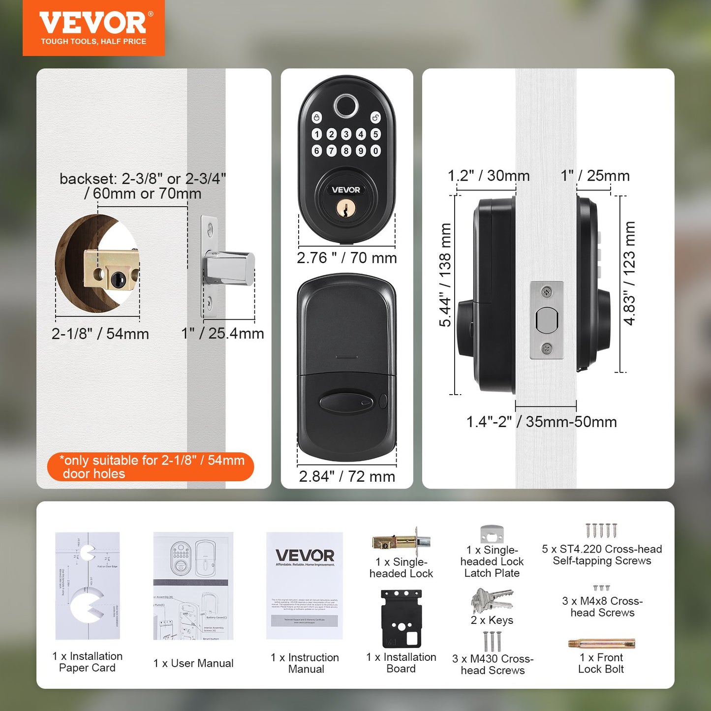 Fingerprint Door Lock, with Fingerprint/Keypad Code/Key, One-Time and Anti-Peeking Password, Silent Mode, Constant Unlock Mode, Aluminum Alloy Panel, Electronic Keypad Deadbolt for Entry Doors
