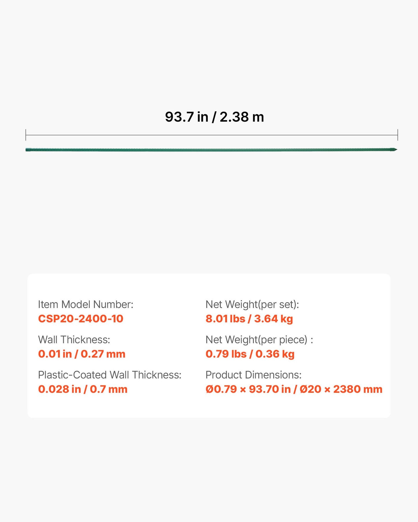 Garden Stakes, 10 Pack, 93.7 inch, Plastic Coated Metal Tomato Stakes, Garden Sticks for Plants Support, with Pointed End and Non-Slip Bumps for Growing Climbing Plants, Outdoor Vegetables