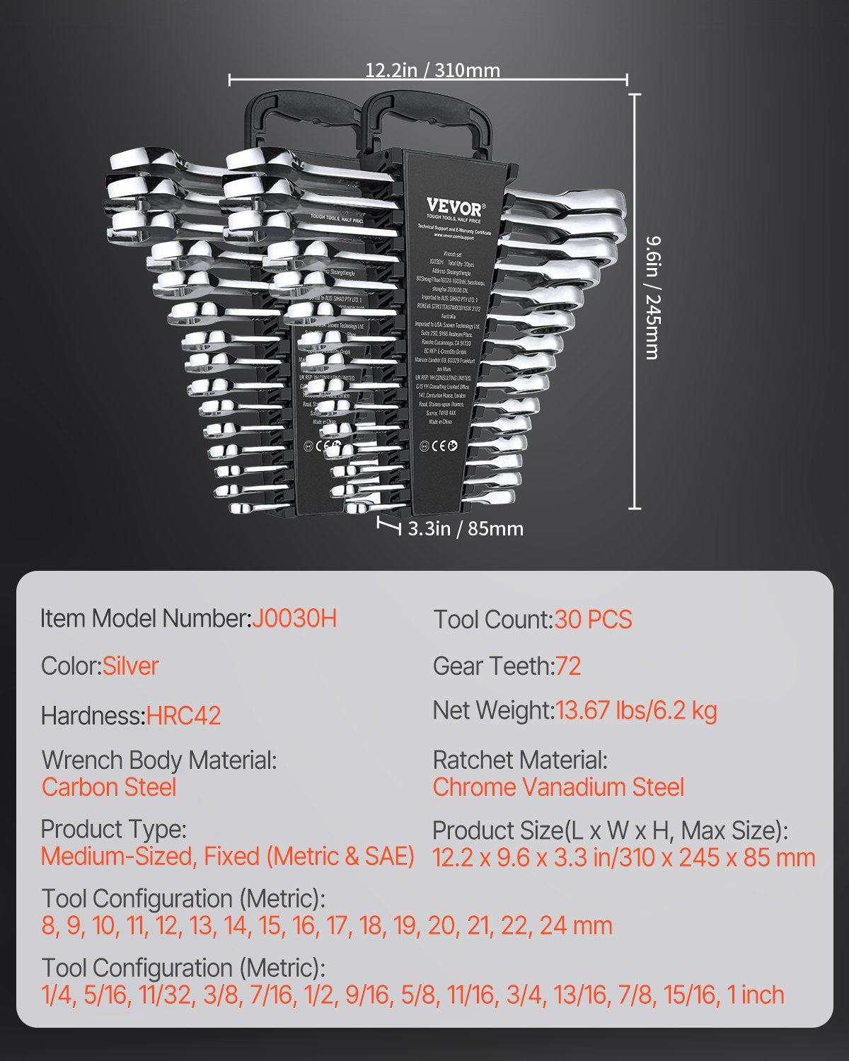Combination Wrench Set, 30-Piece Ratcheting Wrench Set with Organizer Rack, Cr-V Steel Wrench Set SAE 1/4" to 1", Metric 8 mm to 24 mm, Ideal for General Household, Garage, Workshop, Emergency