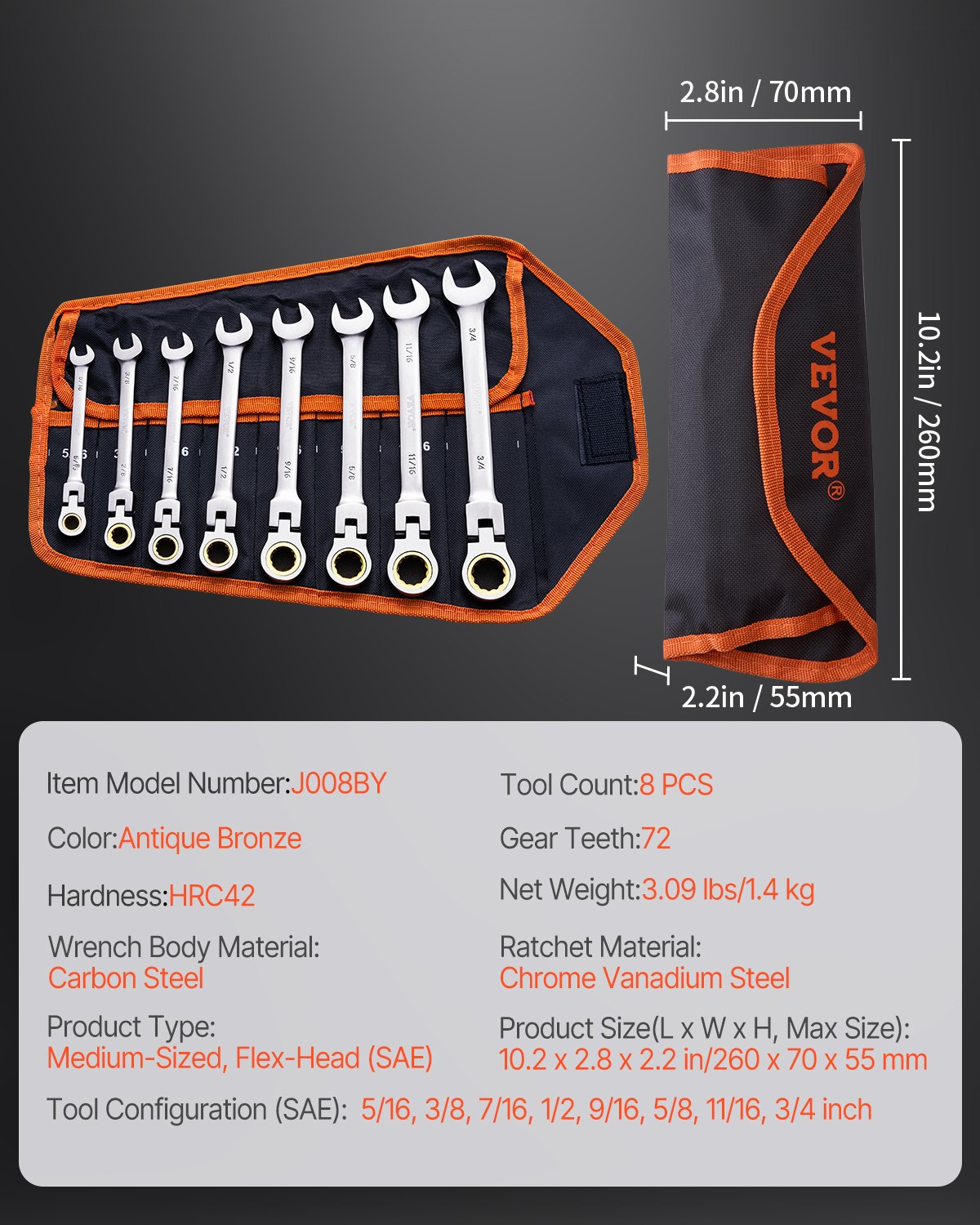 Flex-Head Ratcheting Wrench Set, 8-piece Combination Wrench Set with Roll-up Pouch, Cr-V Steel Flexible Ratcheting Wrench Set SAE 5/16" to 3/4", Ideal for General Household, Workshop, Garage