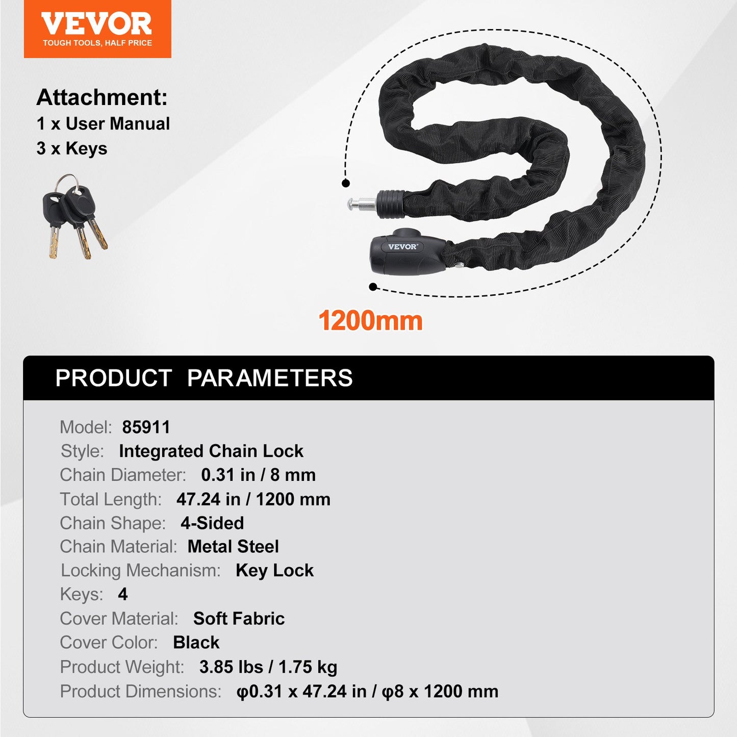 Bike Chain Lock, 3.94 Ft Combination Bicycle Chain Lock with 4 Keys, Heavy Duty Anti-Theft High Security Bike Locks, Perfect for Bike, Motorcycle, Scooter, Bicycle, Door, Fence or Gate, 8mm