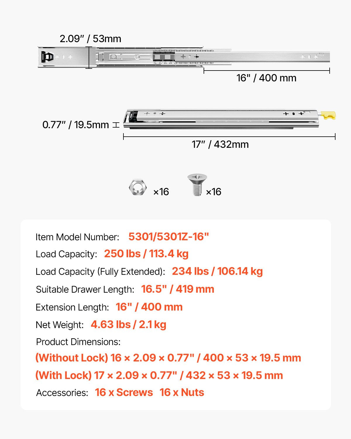 Heavy Duty Drawer Slides 16inch, 1 Pair Locking Drawer Slides 250lbs Load Capacity, Side Mount Ball Bearing, 3-Fold Full Extension