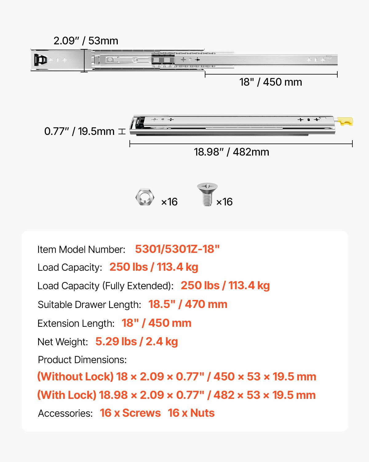 Heavy Duty Drawer Slides 18inch, 1 Pair Locking Drawer Slides 250lbs Load Capacity, Side Mount Ball Bearing, 3-Fold Full Extension