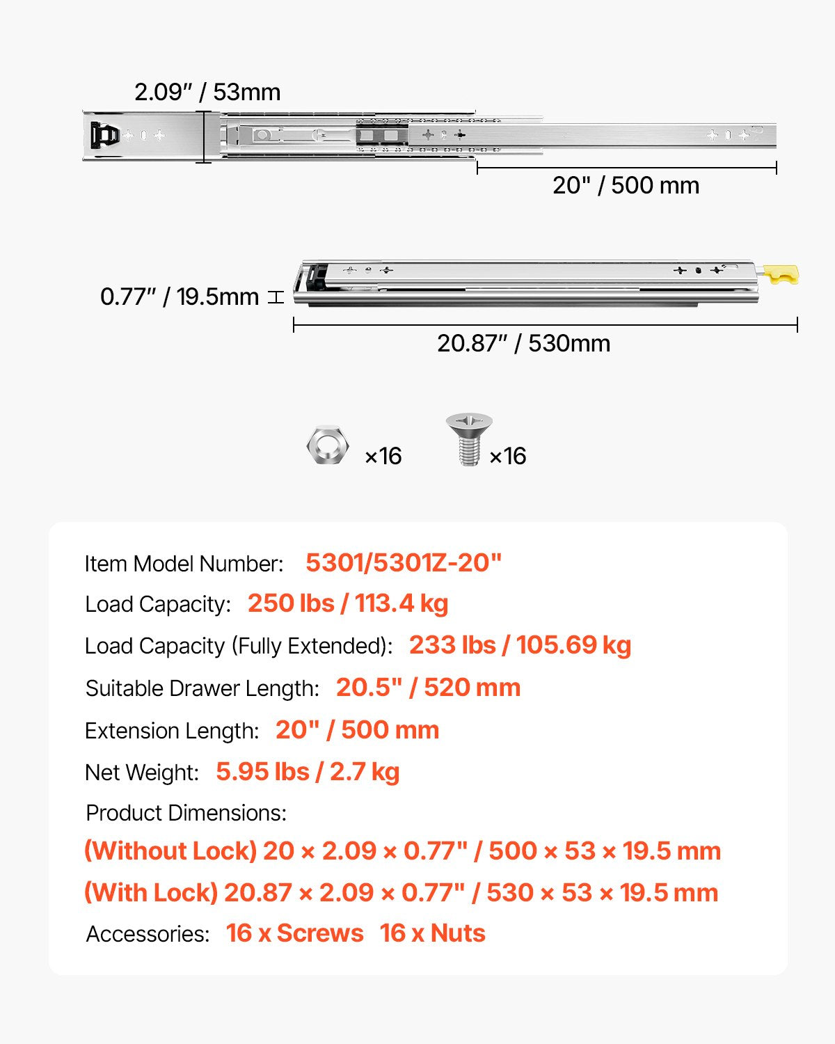 Heavy Duty Drawer Slides 20inch, 1 Pair Locking Drawer Slides 250lbs Load Capacity, Side Mount Ball Bearing, 3-Fold Full Extension