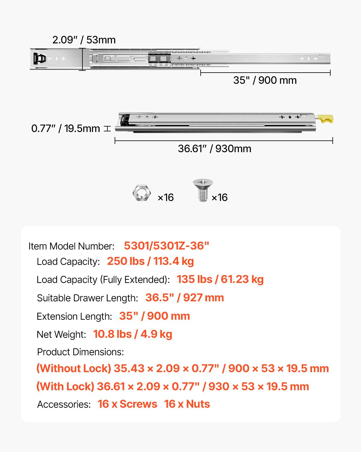 Heavy Duty Drawer Slides 36inch, 1 Pair Locking Drawer Slides 250lbs Load Capacity, Side Mount Ball Bearing, 3-Fold Full Extension