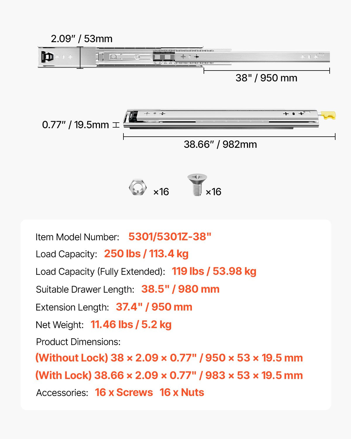 Heavy Duty Drawer Slides 38inch, 1 Pair Locking Drawer Slides 250lbs Load Capacity, Side Mount Ball Bearing, 3-Fold Full Extension