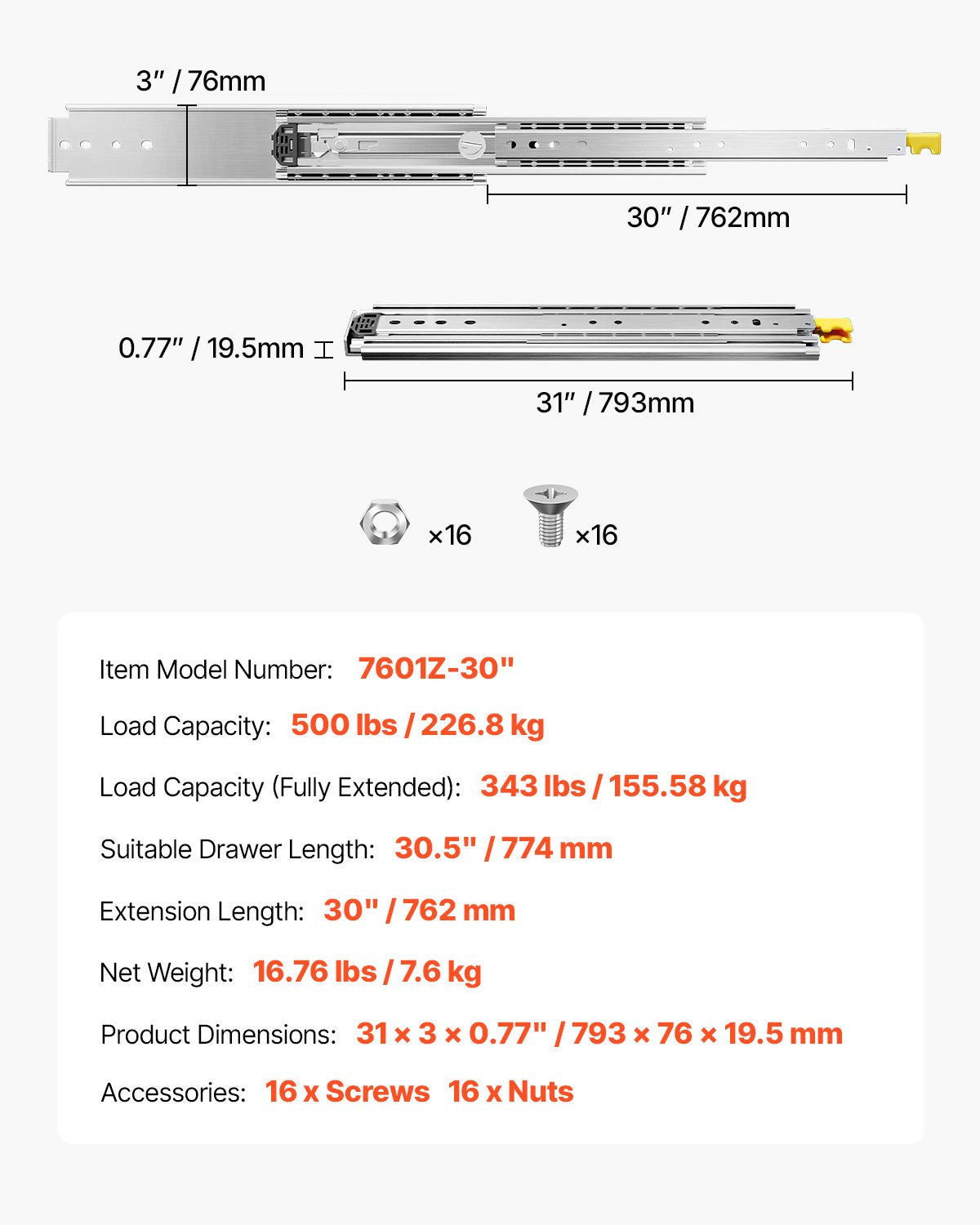 1 Pair Full Extension Drawer Slides 18 20 22 28 30 32 36 38 40 44 48 52 56 60 in, 500 lbs Load Capacity Locking Drawer Slides, Ball Bearing with Lock Side Mount Drawer Slide Rail