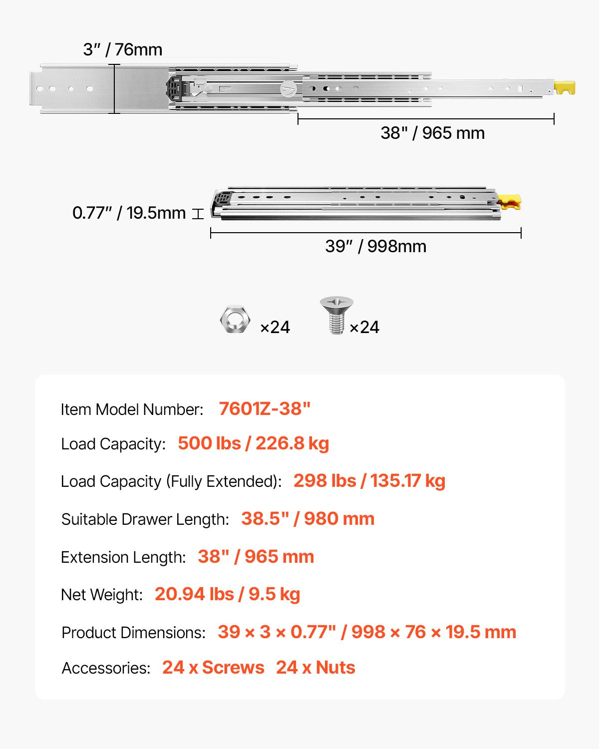 1 Pair Full Extension Drawer Slides 18 20 22 28 30 32 36 38 40 44 48 52 56 60 in, 500 lbs Load Capacity Locking Drawer Slides, Ball Bearing with Lock Side Mount Drawer Slide Rail