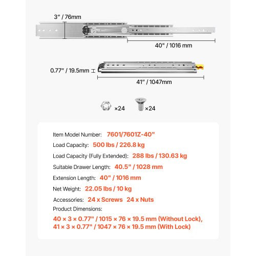 1 Pair 16-60 Inch Soft Closing Drawer Slides Ball Bearing Full Extendable | EU
