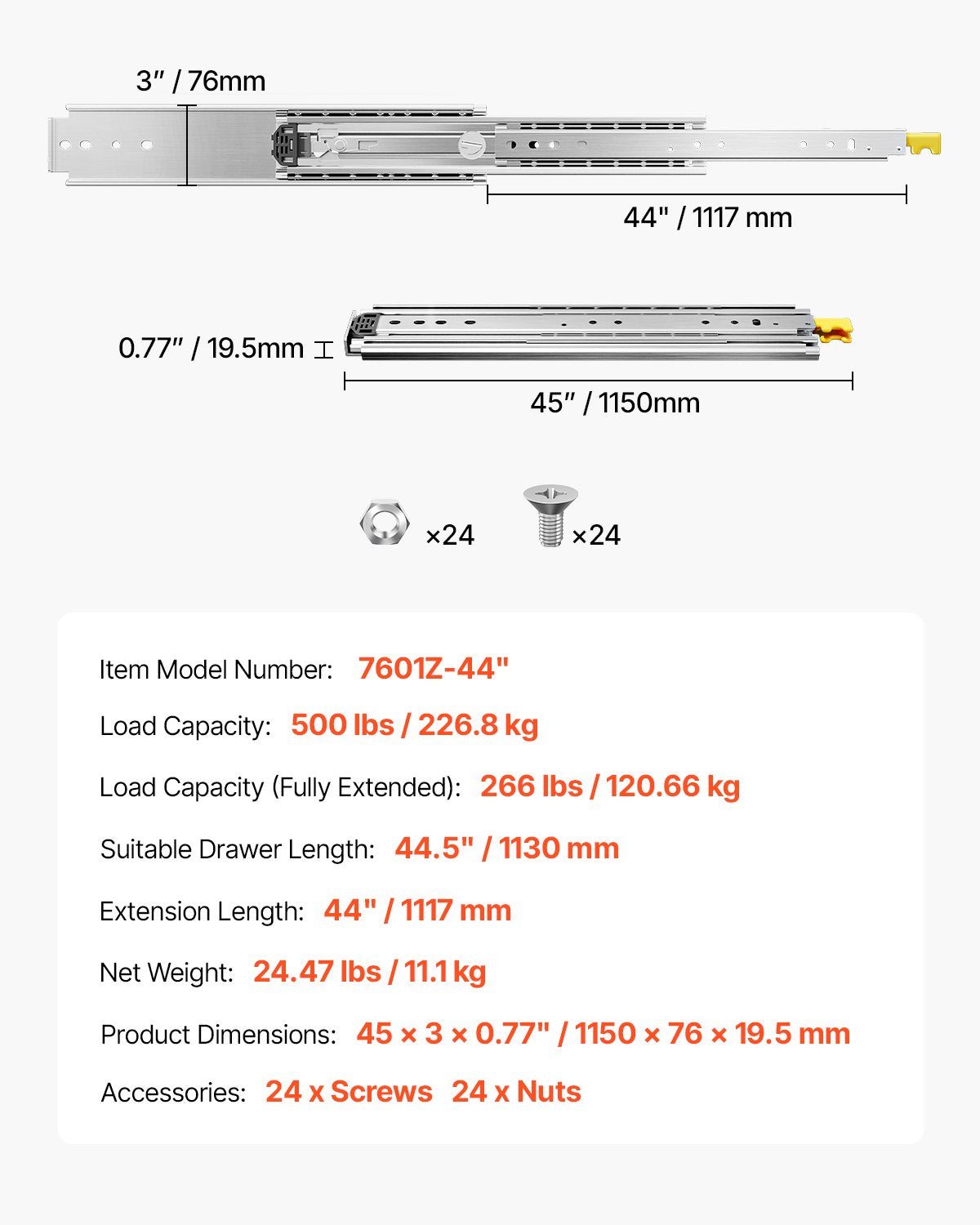 1 Pair Full Extension Drawer Slides 18 20 22 28 30 32 36 38 40 44 48 52 56 60 in, 500 lbs Load Capacity Locking Drawer Slides, Ball Bearing with Lock Side Mount Drawer Slide Rail