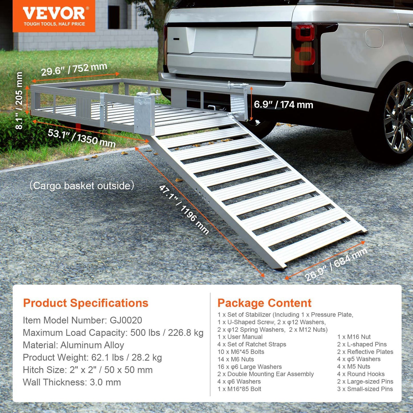 Hitch Mount Cargo Carrier, 48.03" x 27.87" Aluminum Hitch Cargo Rack with Folding Ramp, Hitch Rack Basket with Stabilizer and Straps, 500LBS Mobility Scooter Carrier Fit 2" Hitch Receiver