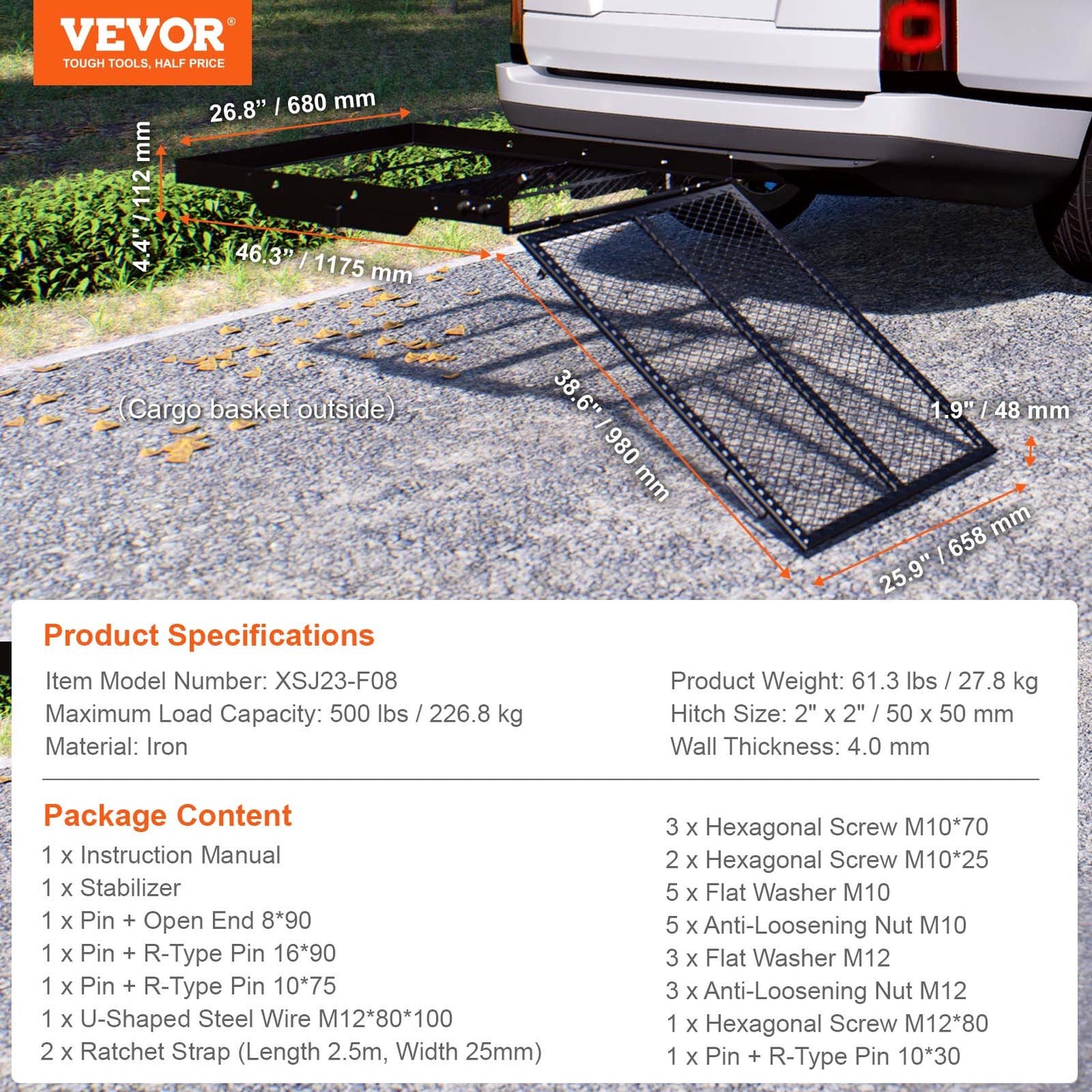 Hitch Mount Cargo Carrier, 45.3" x 25.6" Iron Hitch Cargo Rack with Folding Ramp, Hitch Rack Basket with Stabilizer and Straps, 500LBS Mobility Scooter Carrier Fit 2" Hitch Receiver