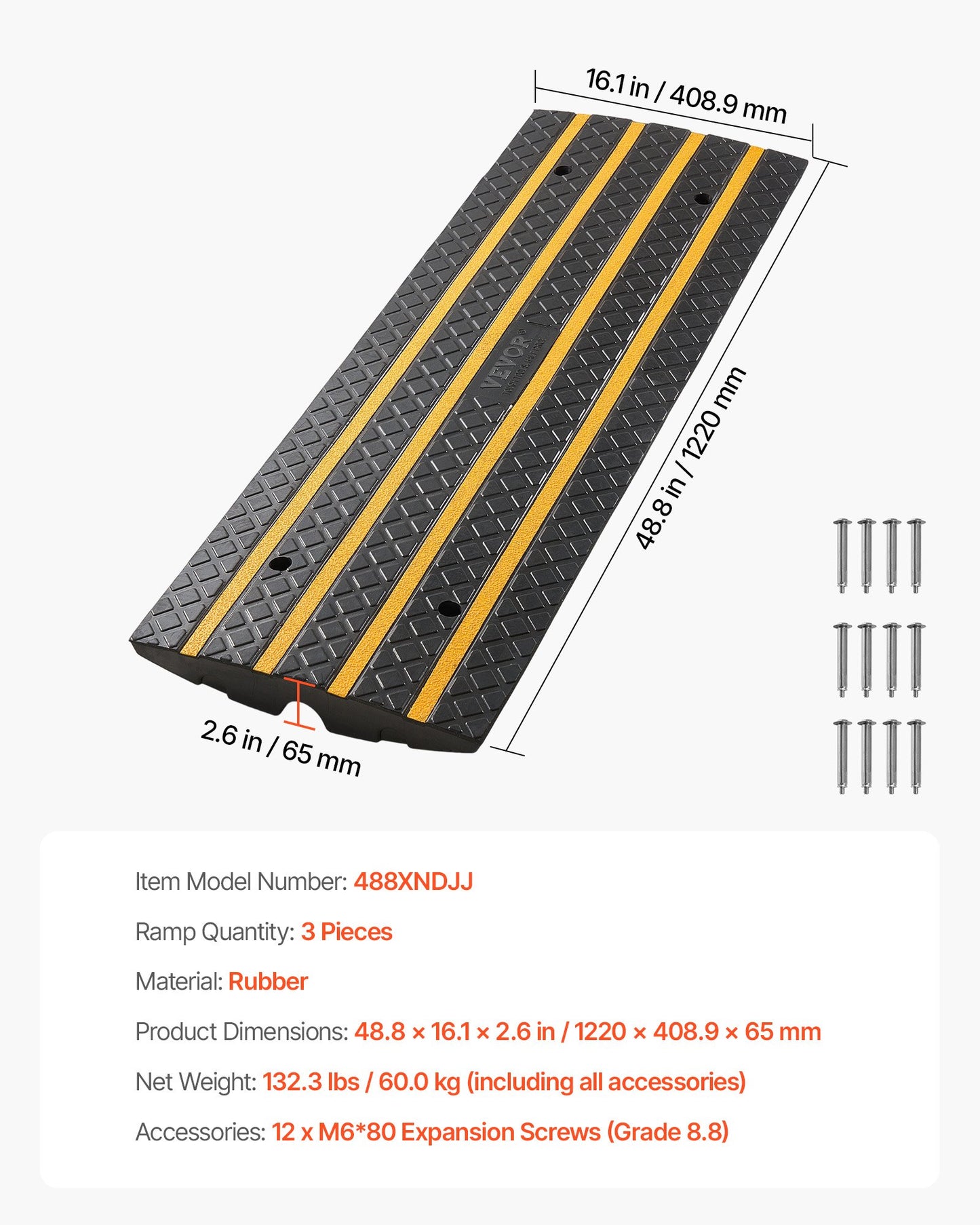 Car Driveway Rubber Curb Ramp, 33069 lbs Load Capacity, 2.6 inch Rise Curbside Bridge Ramp with Yellow Reflective Strips, Suitable for Loading Dock, Warehouse, Garage, Sidewalk (3 Pack)