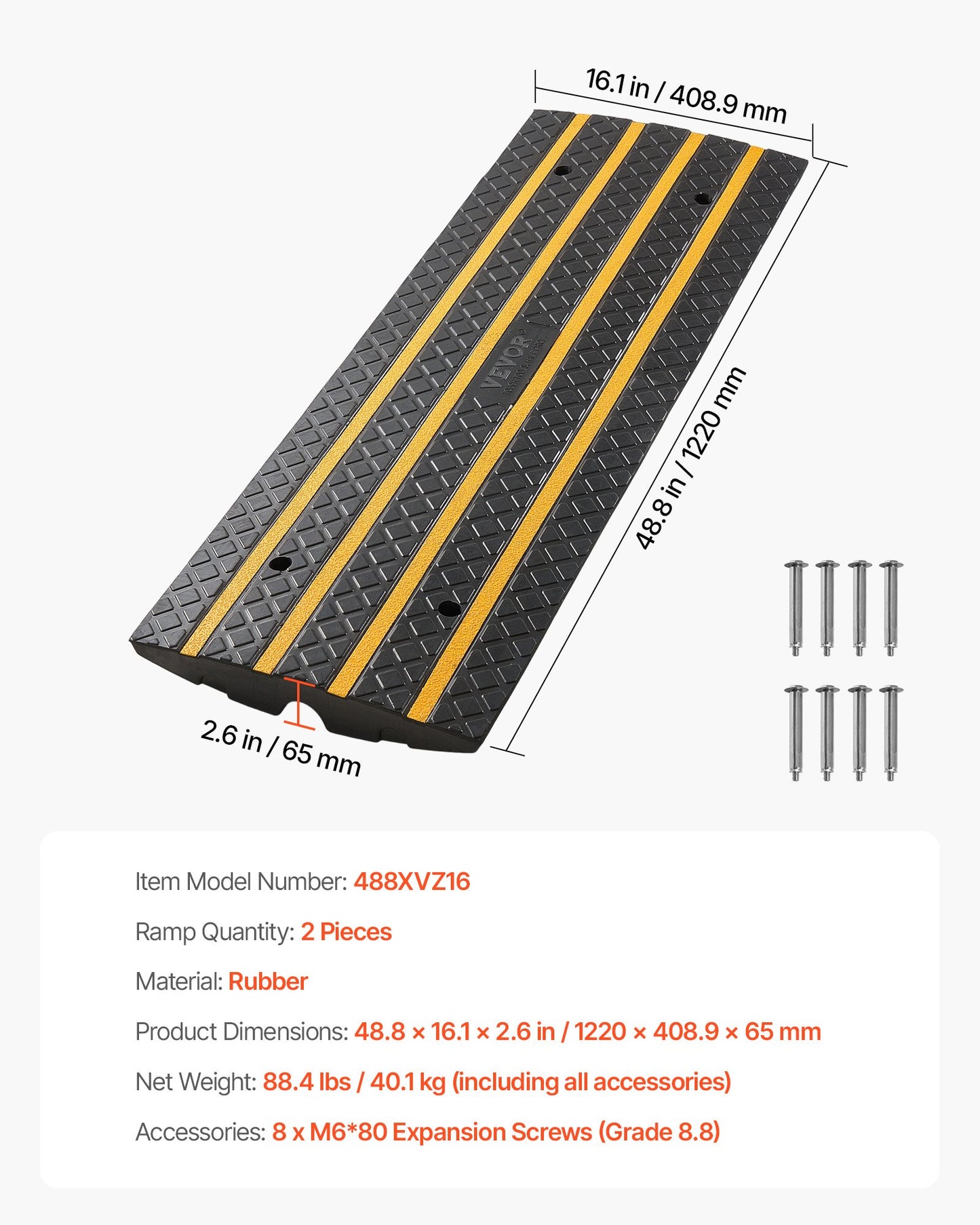 Car Driveway Rubber Curb Ramp, 33069 lbs Load Capacity, 2.6 inch Rise Curbside Bridge Ramp with Yellow Reflective Strips, Suitable for Loading Dock, Warehouse, Garage, Sidewalk (2 Pack)