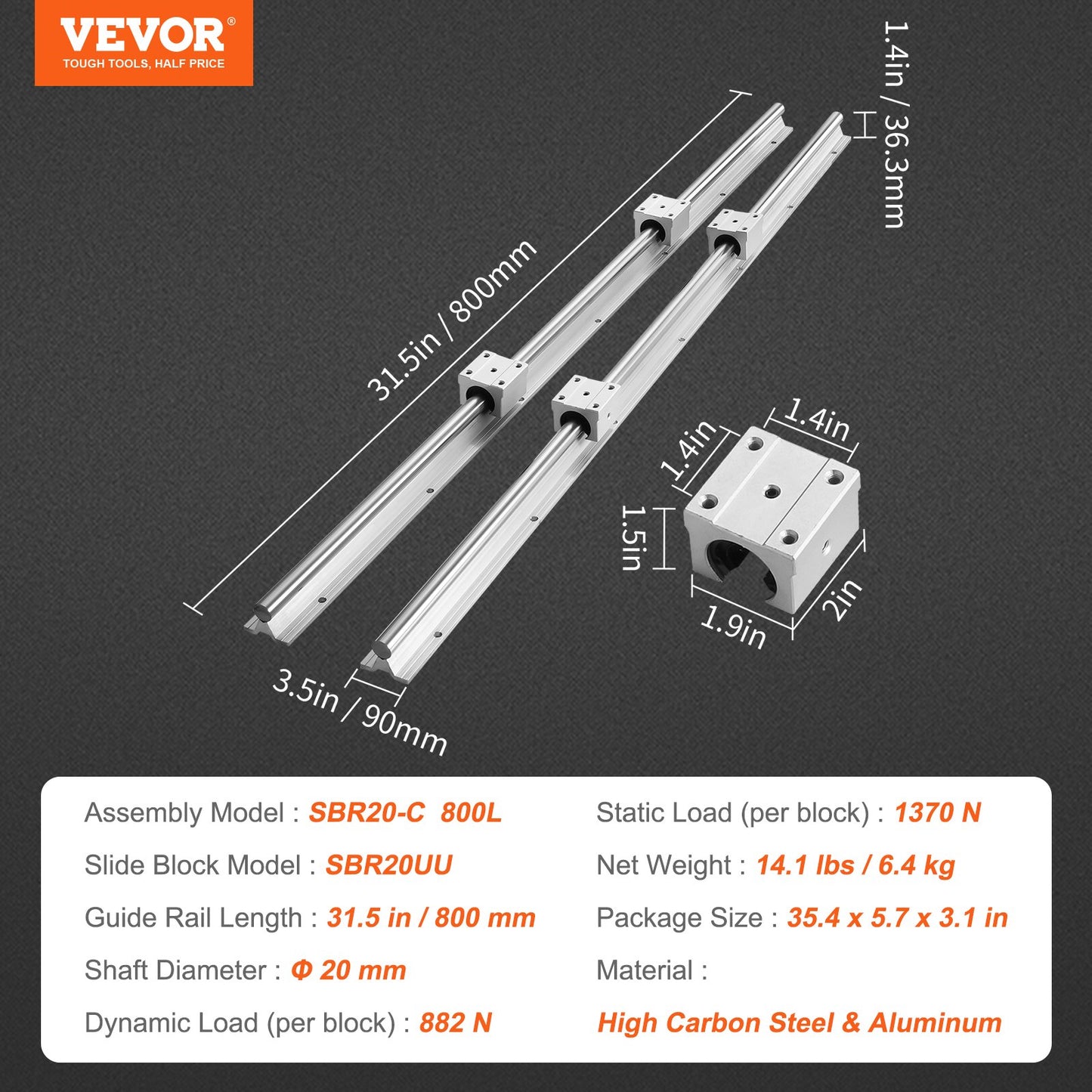 Linear Rail Kit, SBR20 800mm, Includes 2 PCS 31.5 in SBR20 Rails & 4 PCS SBR20UU Blocks, Ideal for CNC Machines, Automation Projects, and DIY Crafts