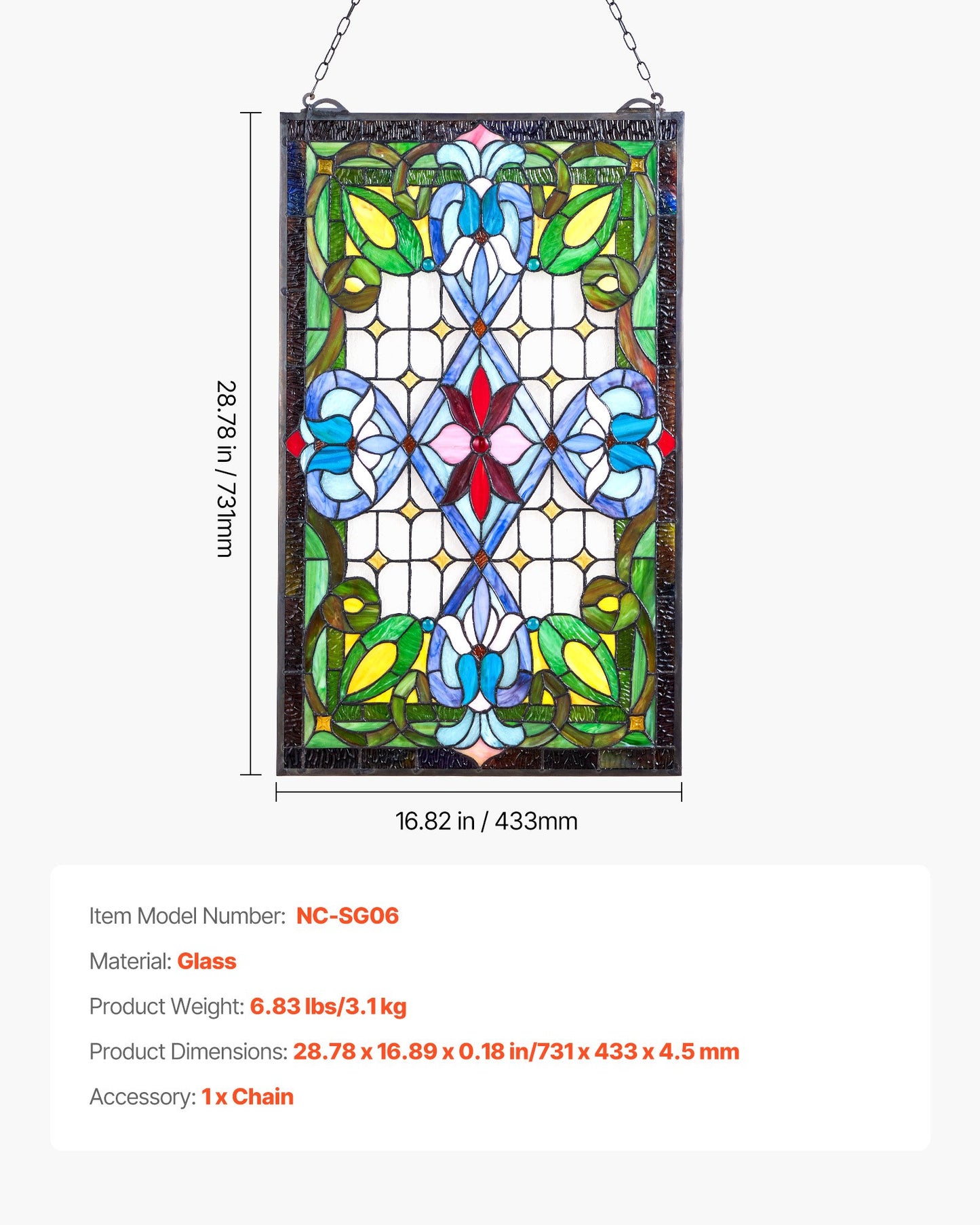 Stained Glass Window Panel, 17 x 29 in, Tiffany Style Hanging Transom Window Panel with Chain, Large Vertical Rectangle Stain Glass, Vintage Traditional Art Handcrafts for Kitchen Home Decor