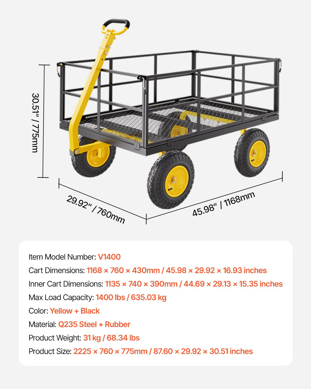 1400 Lbs Steel Garden Cart, Heavy Duty Pullable Garden Wagon Yard Cart, 2 in 1 Outdoor Metal Utility Wagon Yard Trailer with 13" All Terrain Tires, Mesh Removable Sides and 180°Rotating Handle