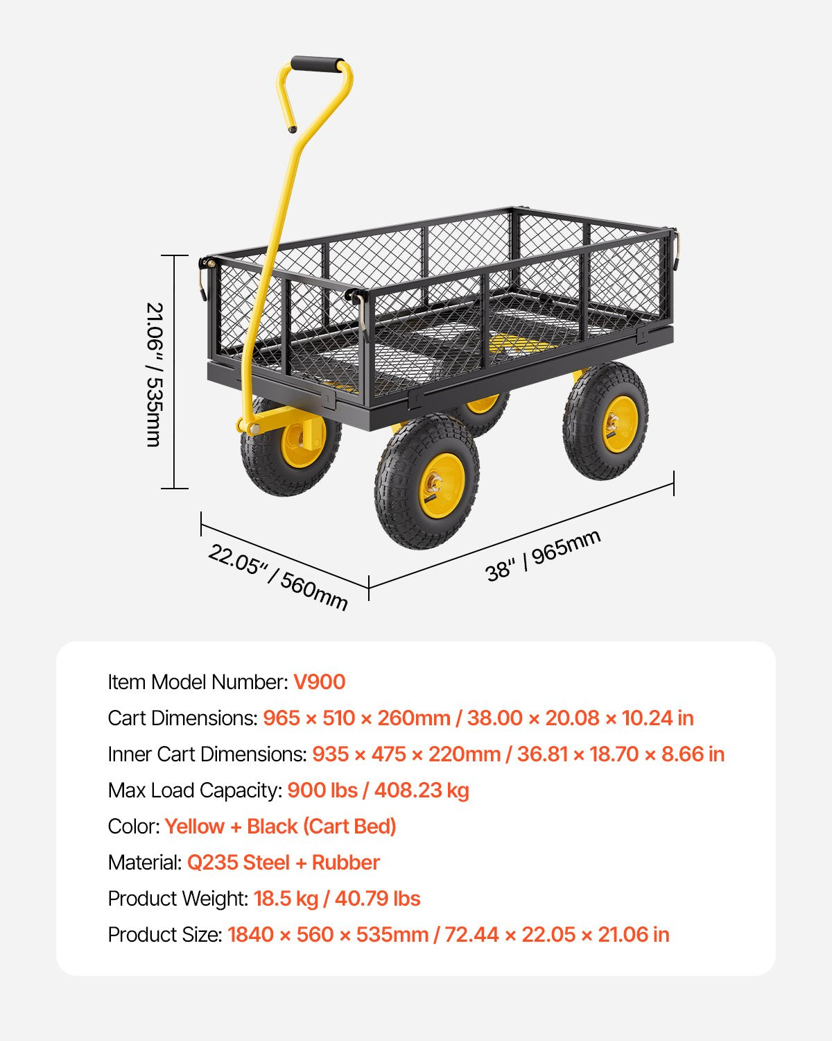 900 Lbs Heavy Duty Steel Garden Cart, Garden Wagon Cart on Wheels, Outdoor Metal Yard Utility Wagon Carts with 10" Tires and Mesh Removable Sides(Convert to Flatbed) and 180°Rotating Handle