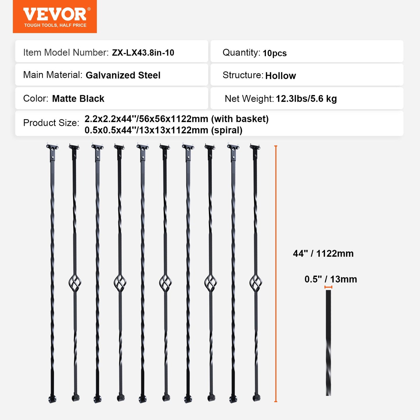 Staircase Metal Balusters, 44'' x 1/2" Galvanized Steel Decorative Banister Spindles, 10 Pack Deck Baluster with Hollow Single Baskets, Twists, Spiral Stair Railing w/ Shoes & Screws