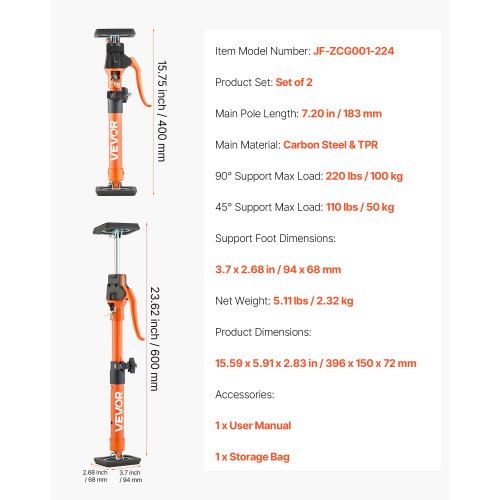 Skåpdomkraftsstöd, 2-pack, 40-60 cm teleskopisk snabbstödstång i stål, justerbart 3:e handssystem upp till 100 kg kapacitet för installation av skåp, lyft av gipsväggar, laststänger | EU