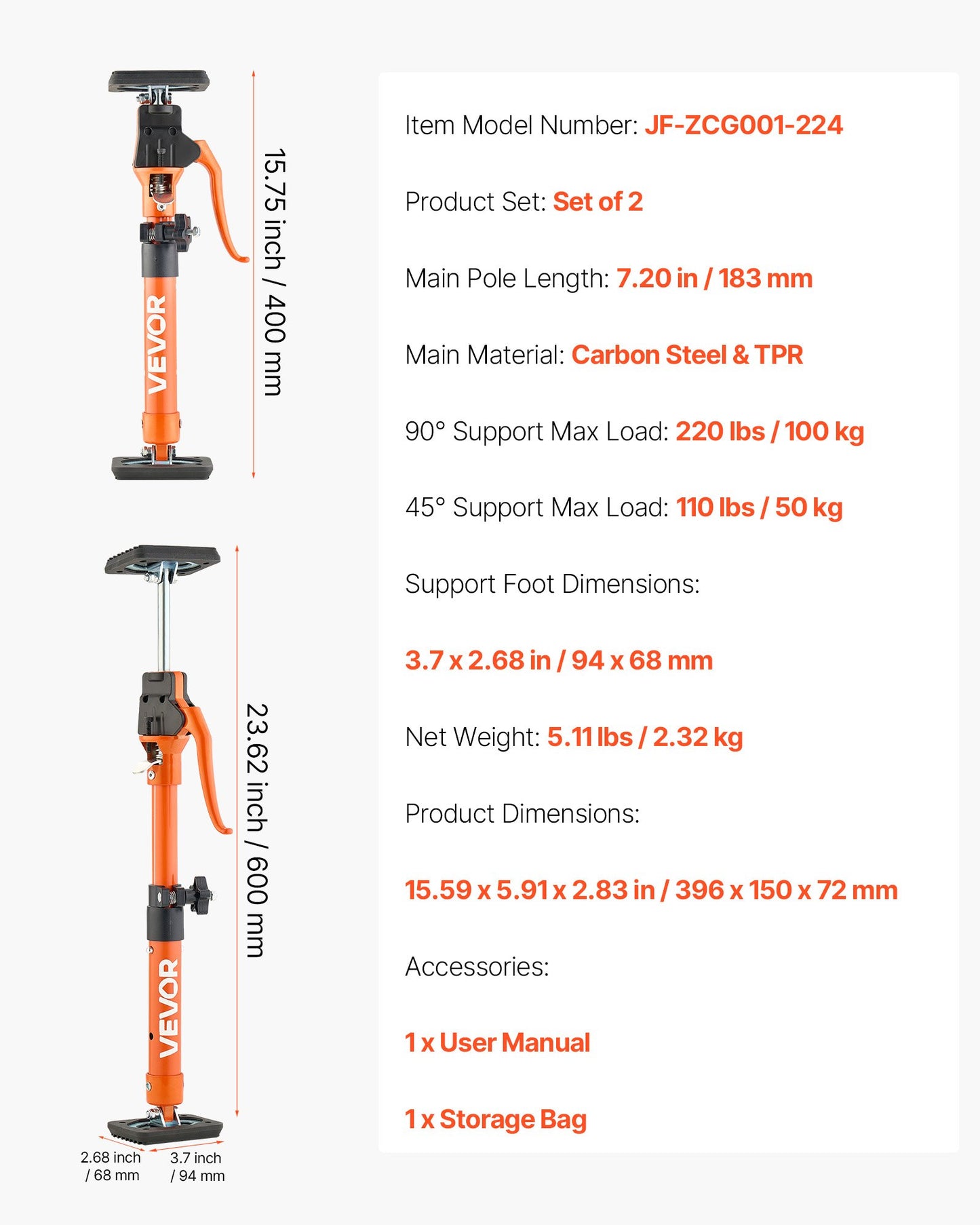 Cabinet Jack Support Pole, 2-Pack, 15.75-23.6 Inch Steel Telescopic Quick Support Rod, Adjustable 3rd Hand System up to 220 lbs Capacity for Installing Cabinets, Lifting Drywall, Cargo Bars