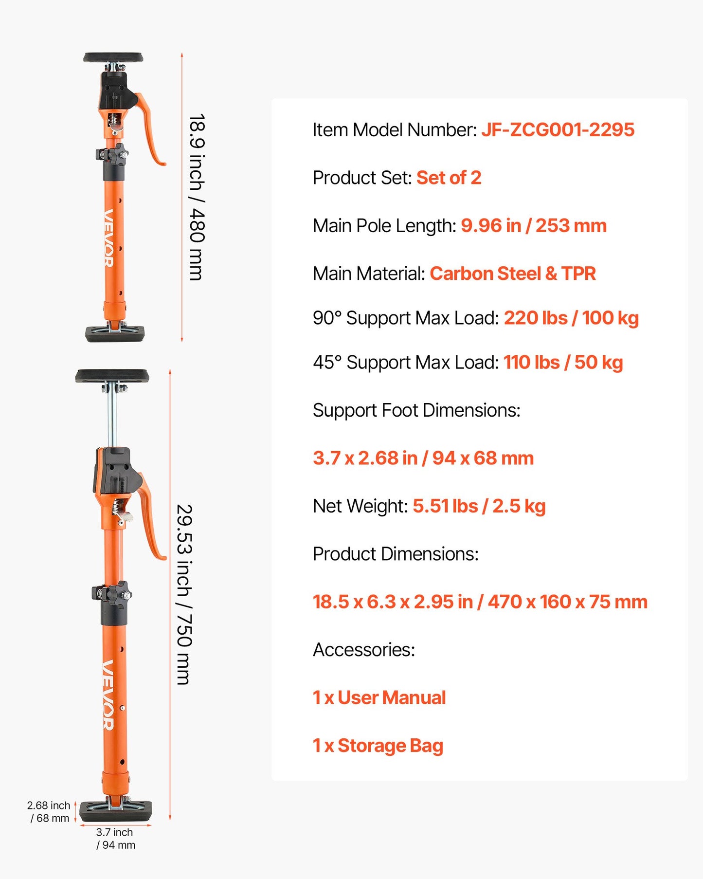 Cabinet Jack Support Pole, 2-Pack, 18.9-29.5 Inch Steel Telescopic Quick Support Rod, Adjustable 3rd Hand System up to 220 lbs Capacity for Installing Cabinets, Lifting Drywall, Cargo Bars