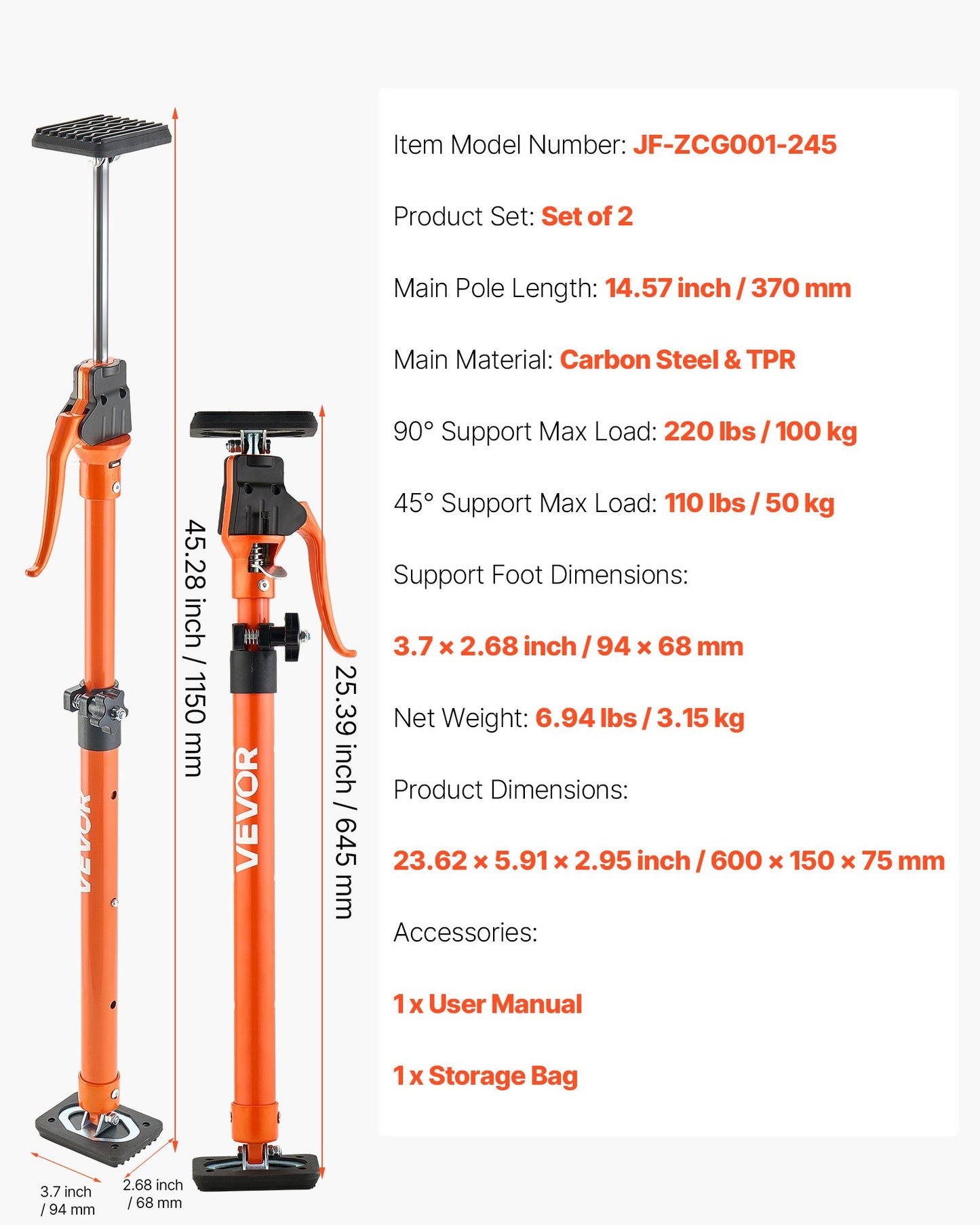 Cabinet Jack Support Pole, 2-Pack, 25.4-45.3 Inch Steel Telescopic Quick Support Rod, Adjustable 3rd Hand System up to 220 lbs Capacity for Installing Cabinets, Lifting Drywall, Cargo Bars