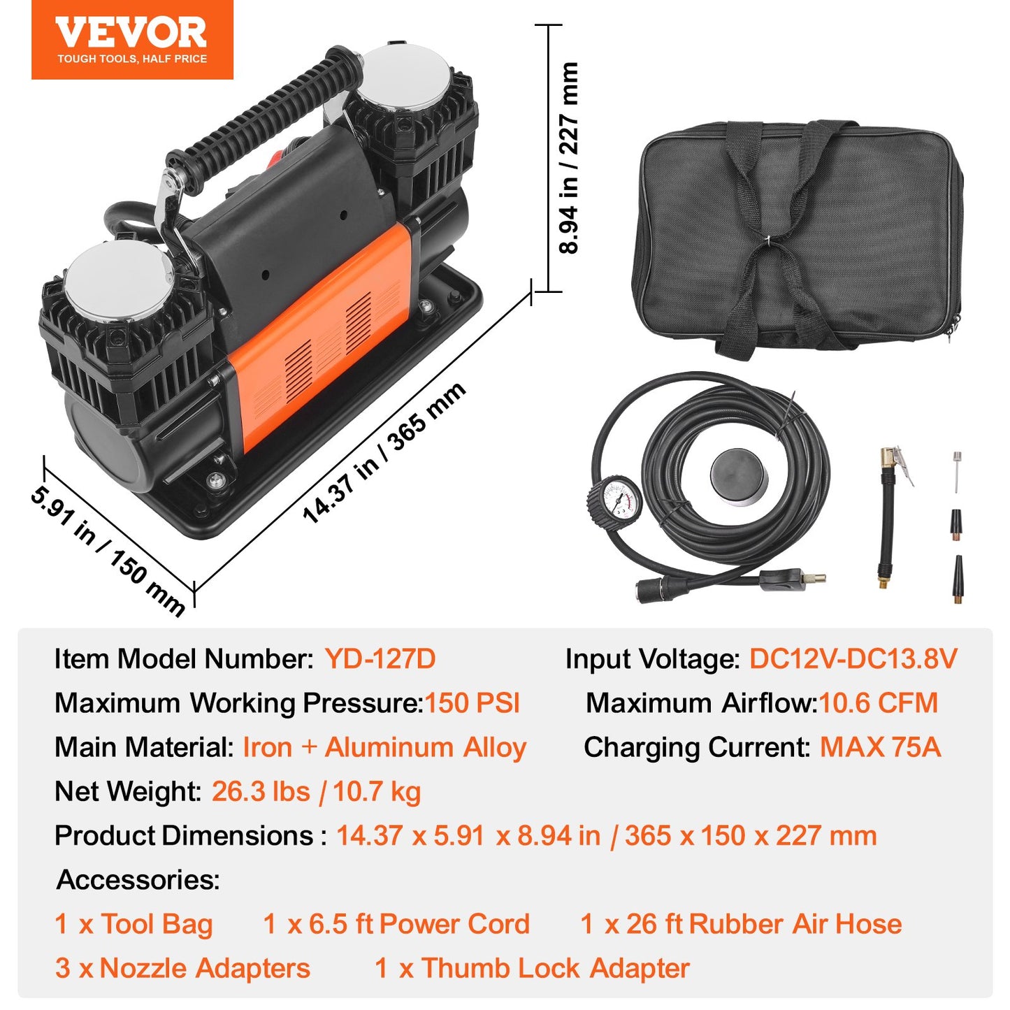 10.6 CFM Heavy Duty Air Compressor, 30s Fast Inflation | Dual-Cylinder Portable Tire Inflator, 12V 150PSI Offroad Air Pump with Adapters for Trucks Car SUV 4 x 4 Vehicle RV