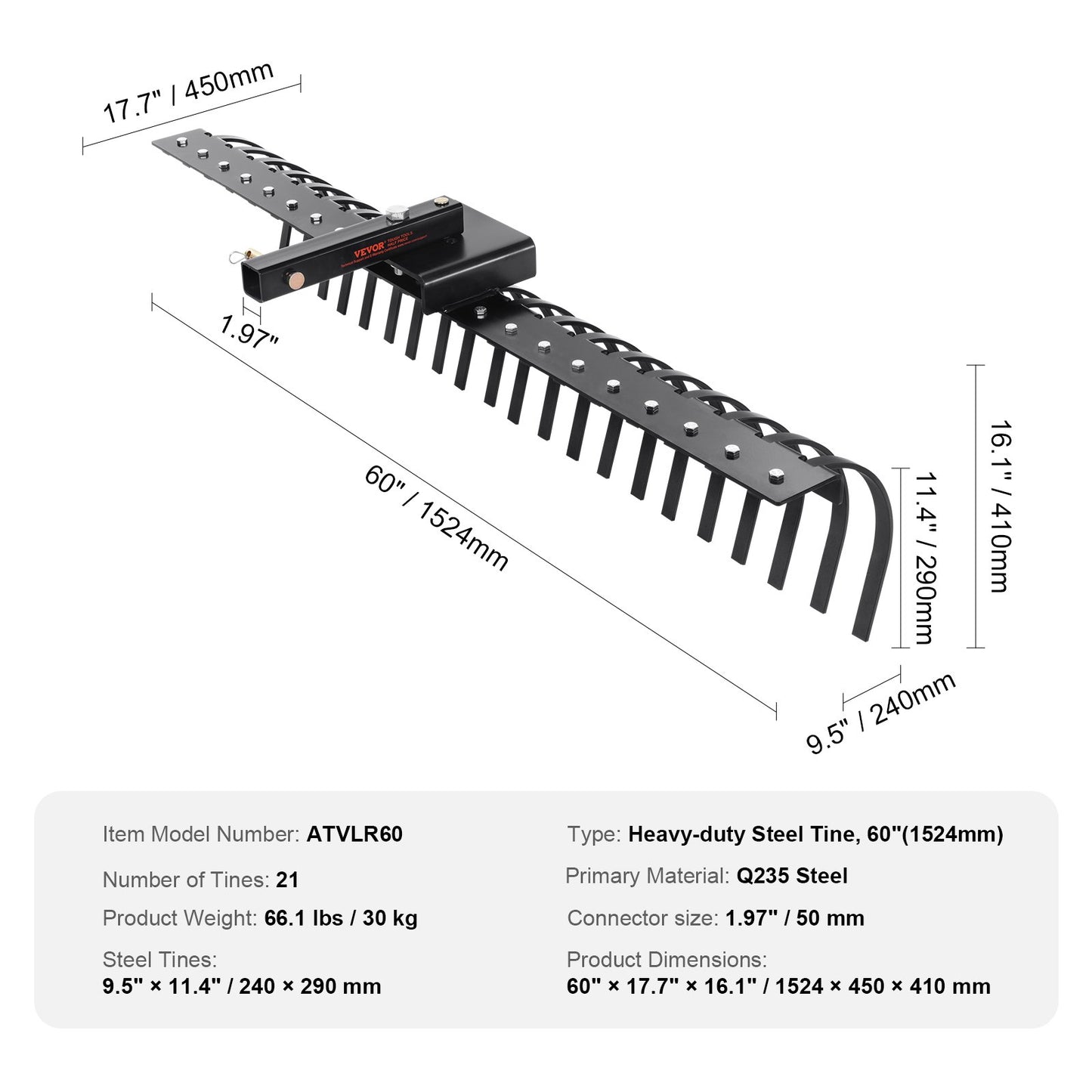 Tow Behind Landscape Rake, 60" Tow Dethatcher with 21 Steel Coil Tines, Lawn Dethatcher Rake Attaches to 48" or 60" Toolbars and 3-point Suspension Systems, for Leaves, Pine Needles, and Grass