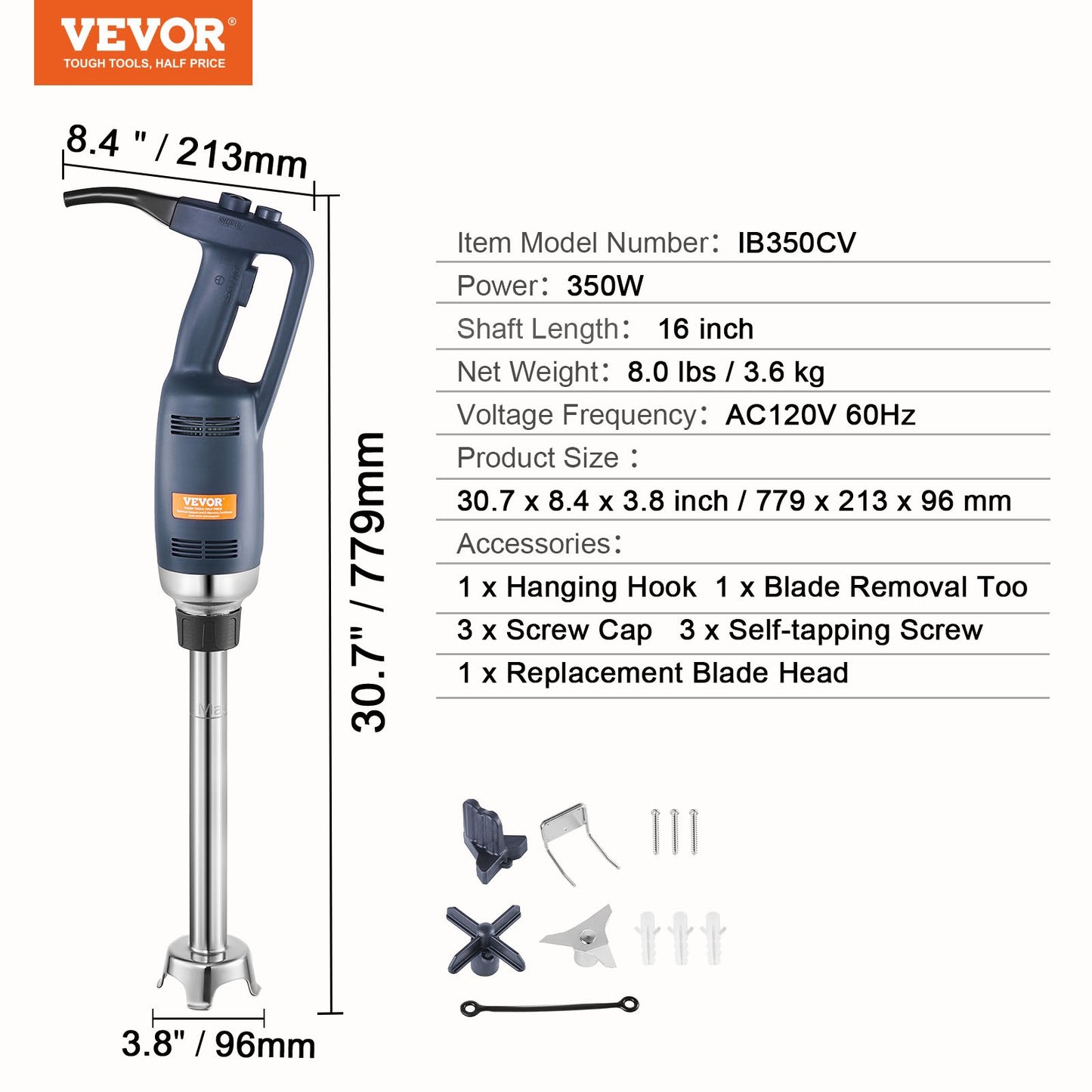 Commercial Immersion Blender 350W Heavy Duty Hand Mixer for Soup Sauces