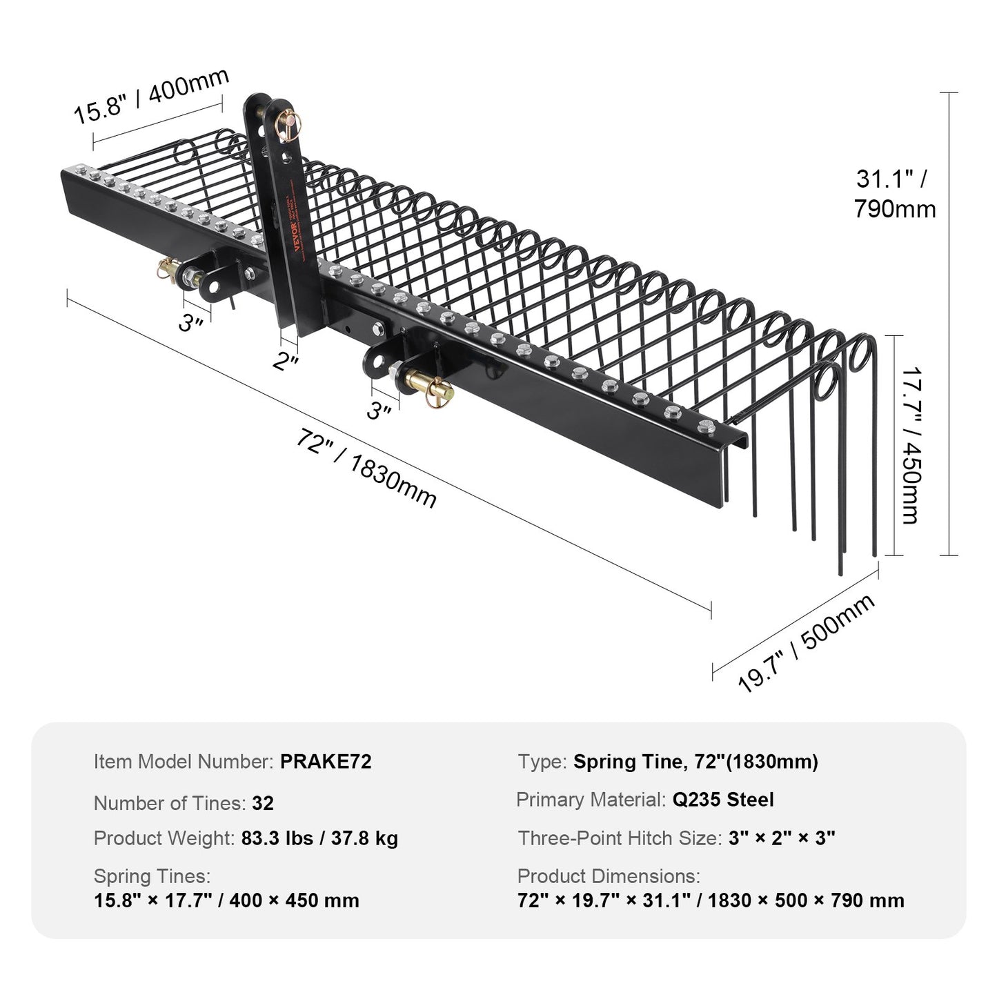 Tow Behind Landscape Rake, 72" Tow Dethatcher with 32 Steel Tines, Lawn Dethatcher Rake Attaches to Category 1, 3 Point Hitch for Tractor, for Leaves, Pine Needles, Straw, and Grass
