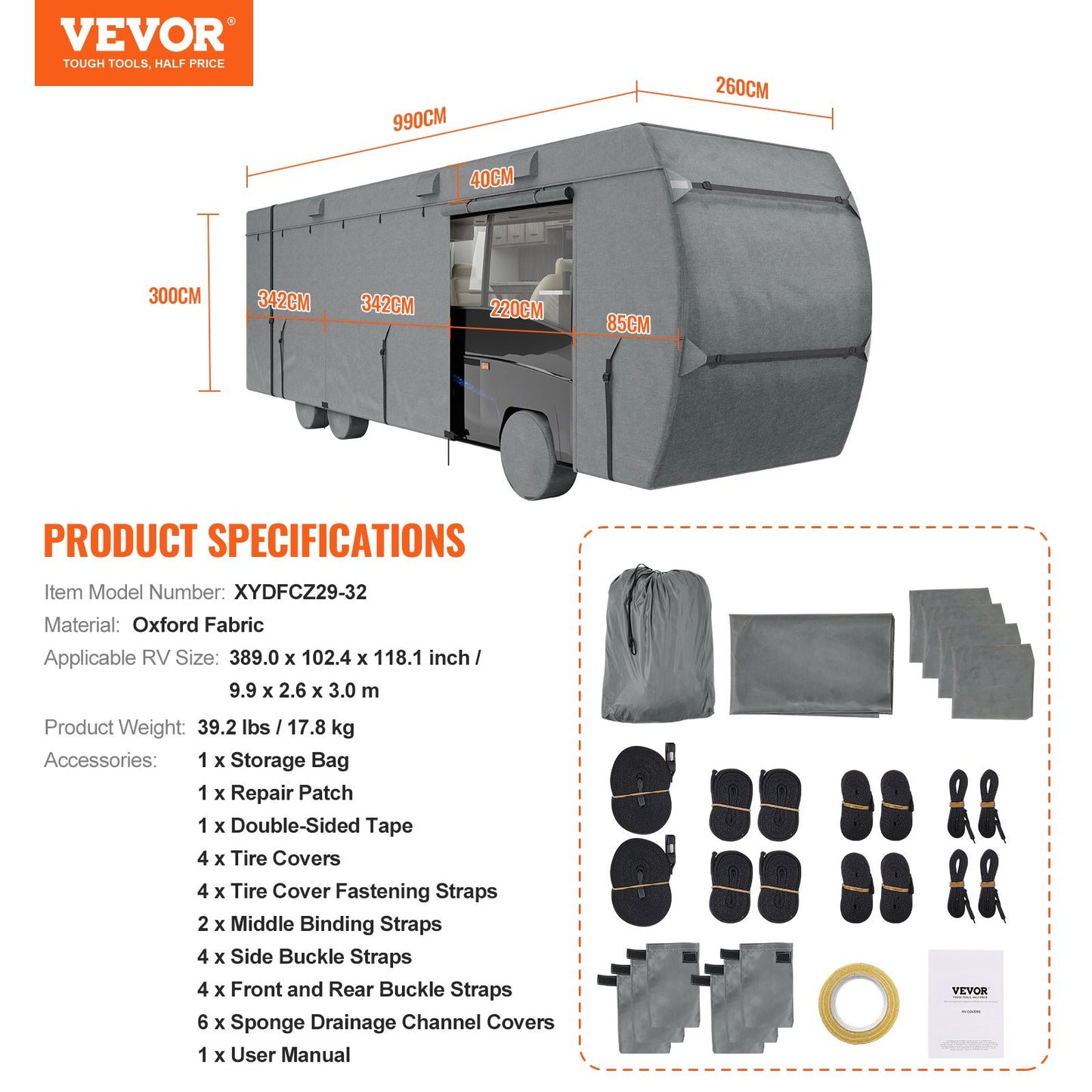 Class C RV Cover, 29-32 ft Motorhome Cover, Oxford Fabric Motorhome RV Cover, Waterproof, Windproof and Rip-Stop, Camper Cover with Storage Bag, Repair Patches, Straps and Tire Covers