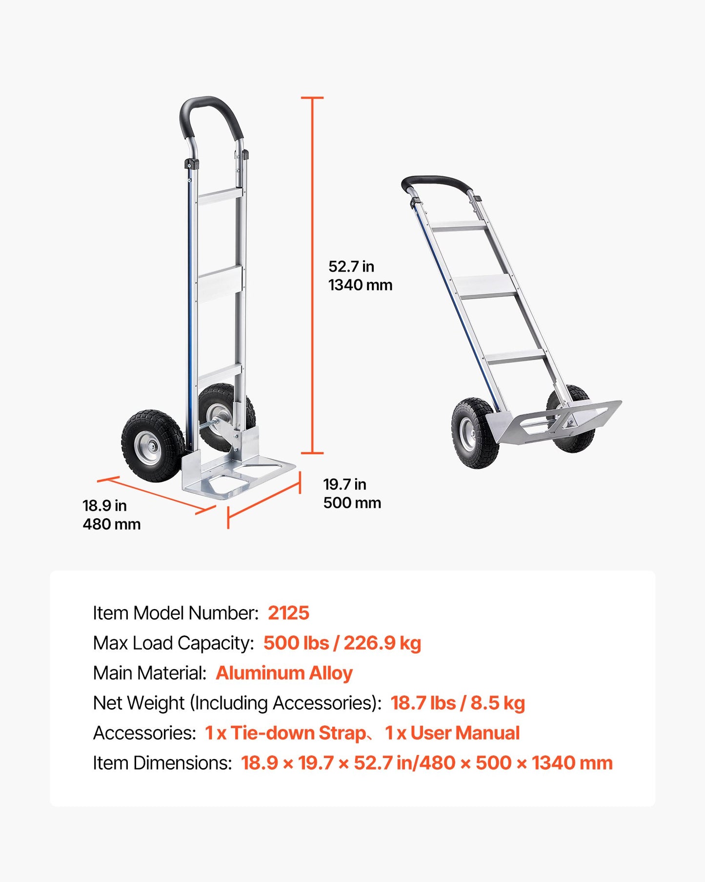 Hand Truck, 500 lbs Load Capacity, Heavy-Duty Hand Truck Dolly with Non-Slip Wheels & Handle, Aluminum Alloy Portable Trolley Dolly with Tie-down Strap for Moving Home, Office, Warehouse