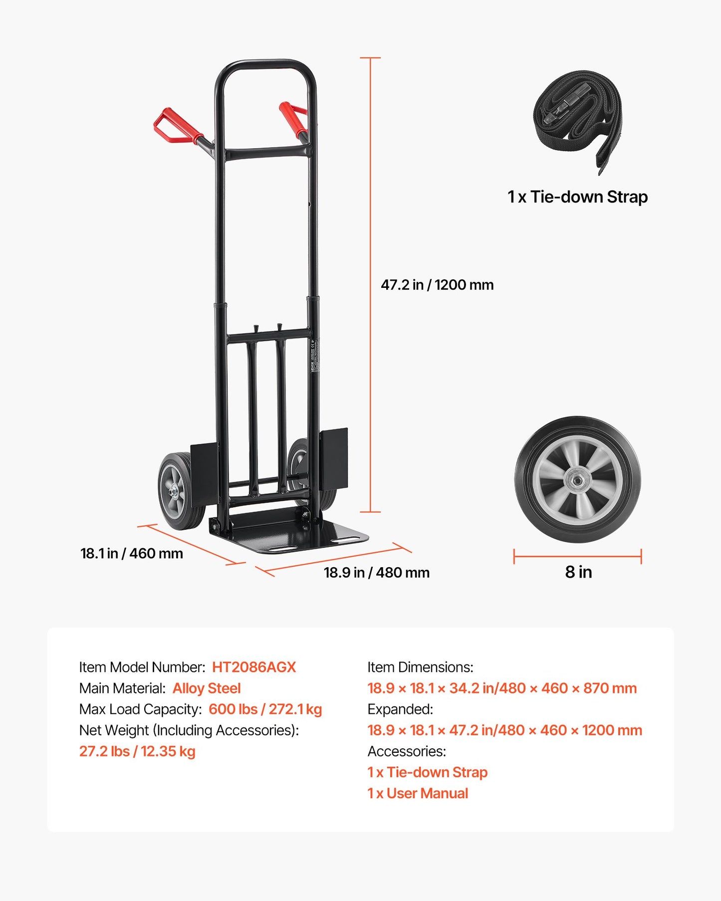 Hand Truck, 600 lbs Load Capacity, Heavy-Duty Hand Truck Dolly with Wheels & Telescoping Handle, Portable Trolley Dolly with Tie-down Strap for Moving Home, Office, Warehouse, Supermarket