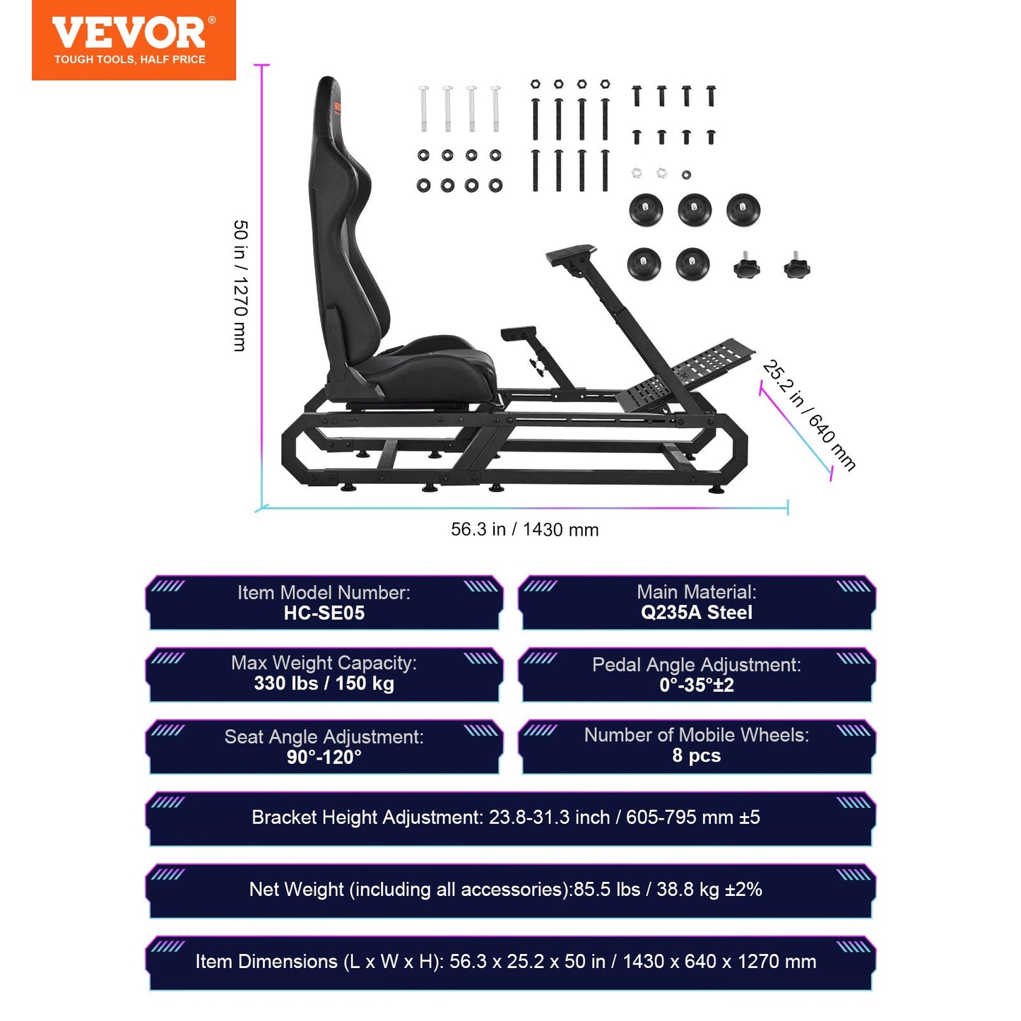 Racing Wheel Stand For Logitech G923/G920/G29, Heavy Duty Steel Driving Simulator Cockpit-Thrustmaster T248P, Steering Wheel Bracket Height & Foot Pedal Angle Adjustable,Max Load 330 LBS Compact